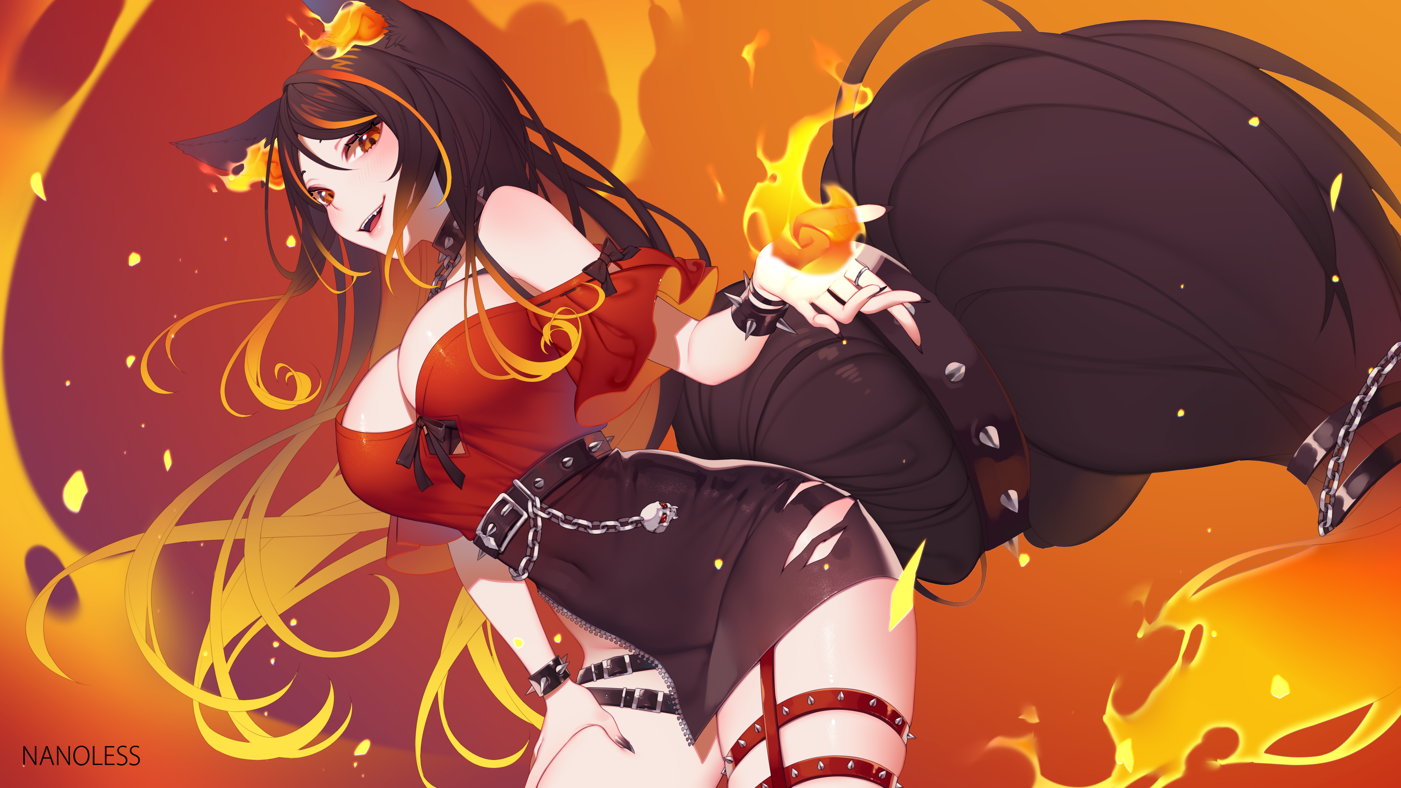 Virtual Youtuber Sinder VTuber Anime Anime Girls Fox Girl Fantasy Girl Fire Bare Shoulders Red Tops  4800x2700