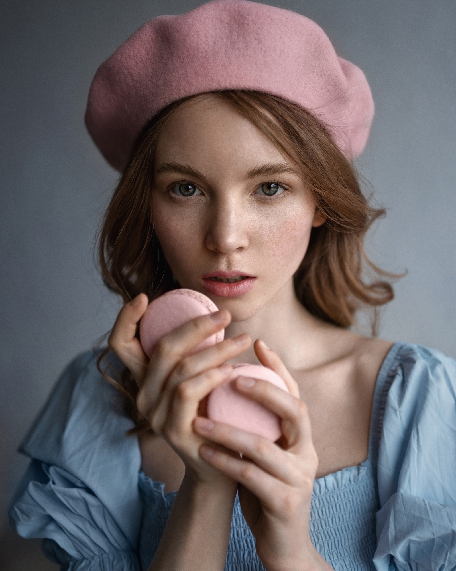 Aleksandr Kurennoi Women Hat Pink Blue Macaroons Freckles Portrait 1600x2000