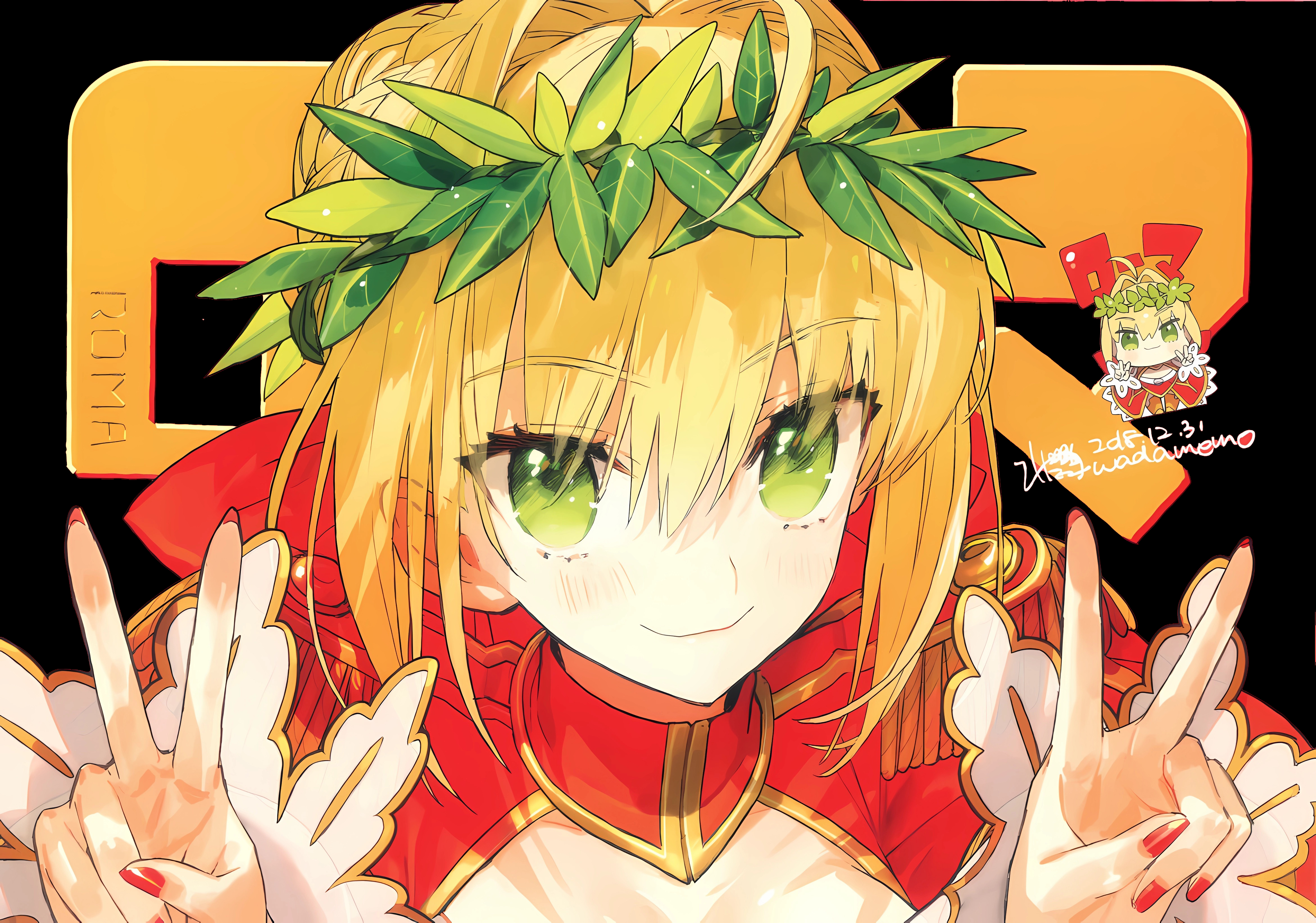Nero Claudius Fate Grand Order Fate Extra Leaves Looking At Viewer Smiling Anime Girls Blonde Green  4684x3284