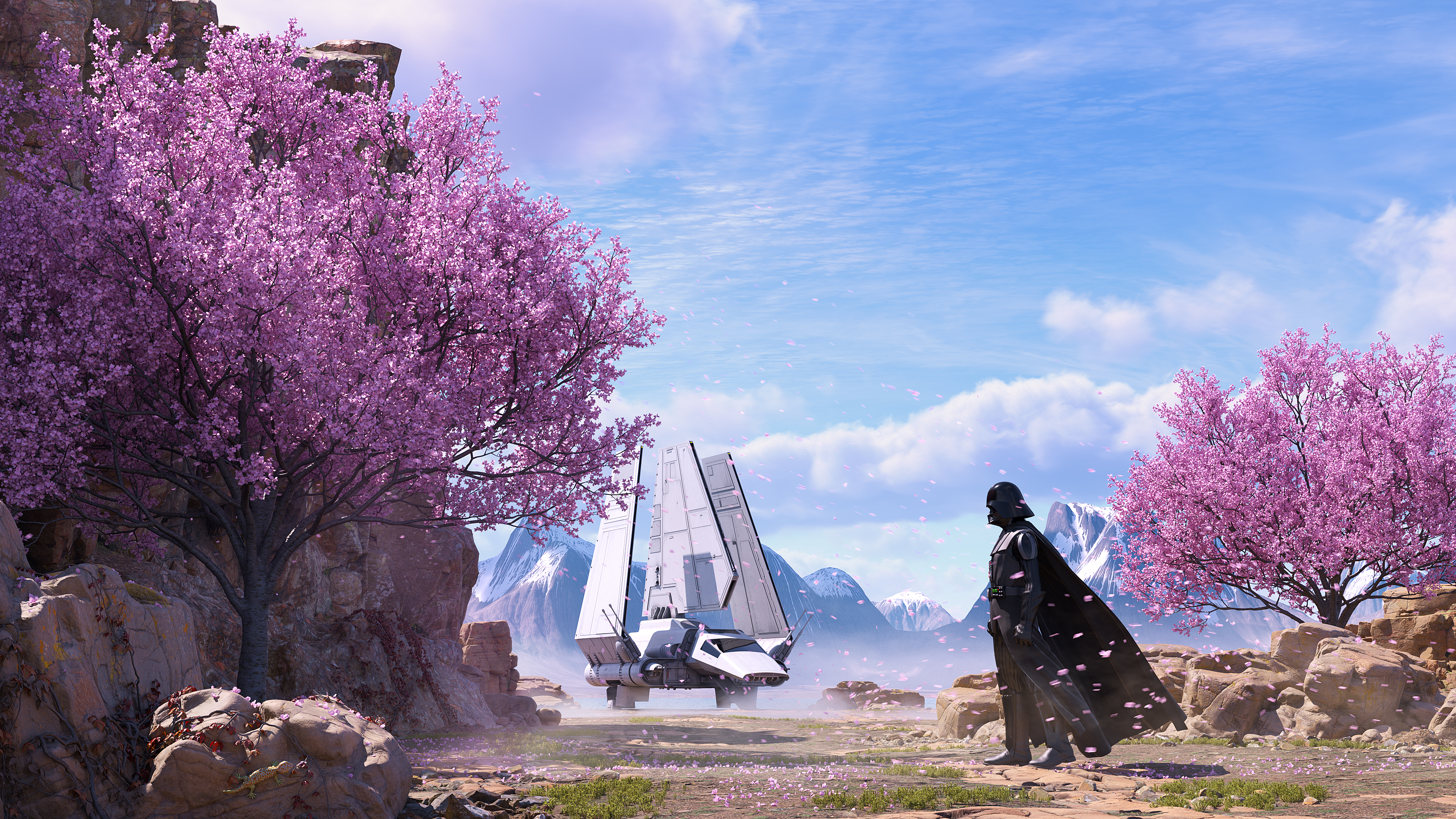 Star Wars Darth Vader CGi Artwork Cherry Blossom Sky Imperial Shuttle Clouds Standing Walking Digita 3840x2160