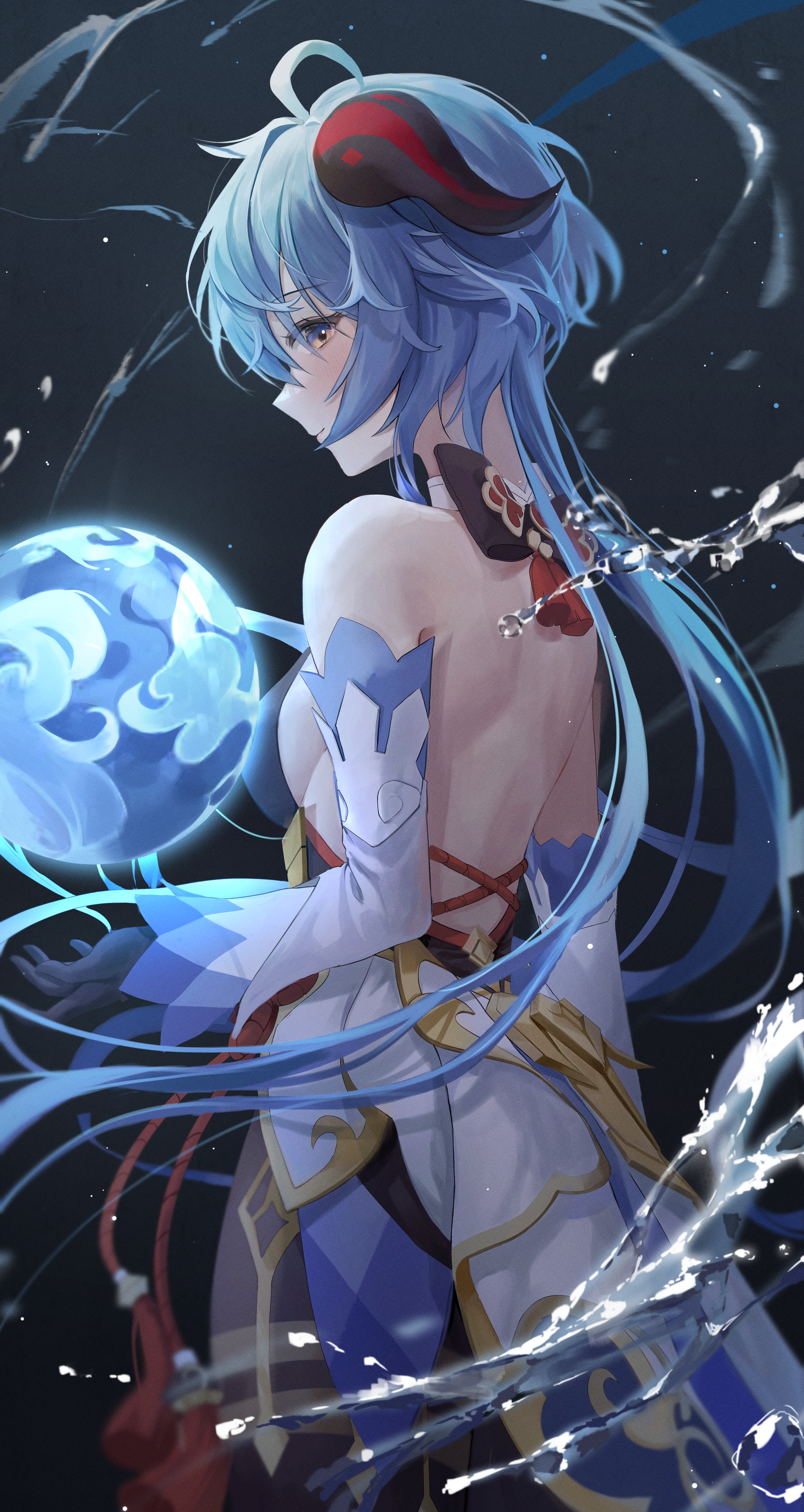 Anime Anime Girls Fantasy Art Fantasy Girl Horns Blue Hair Long Hair Back Backless Dress Genshin Imp 2288x4301