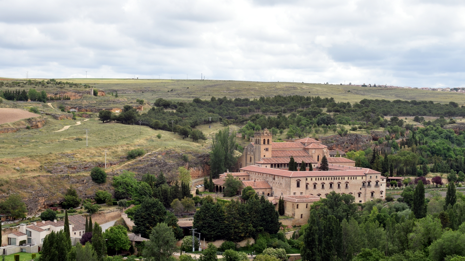 Segovia Castilla Y Leon Spain Monastery Architecture Landscape Trees Clouds Sky Building 1920x1080
