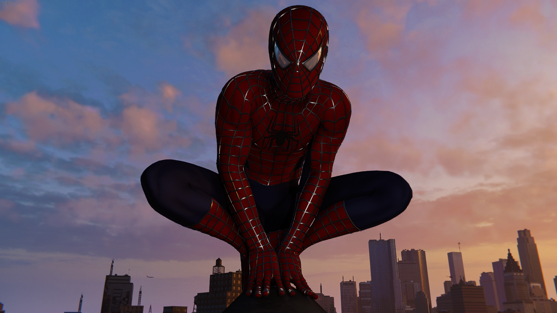 Spider Man Spider Man 2018 PlayStation Marvel Comics Bodysuit Looking At Viewer Sky Clouds City Buil 1920x1080