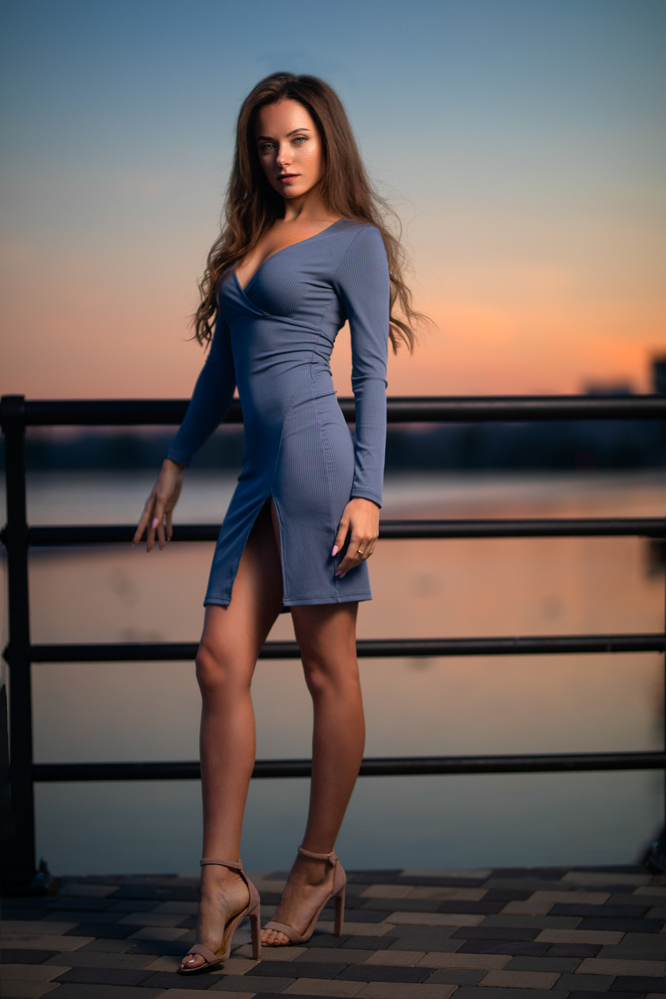 Dmitry Shulgin Women Brunette Long Hair Looking At Viewer Dress Shoes High Heels Blue Clothing Fence 1365x2048
