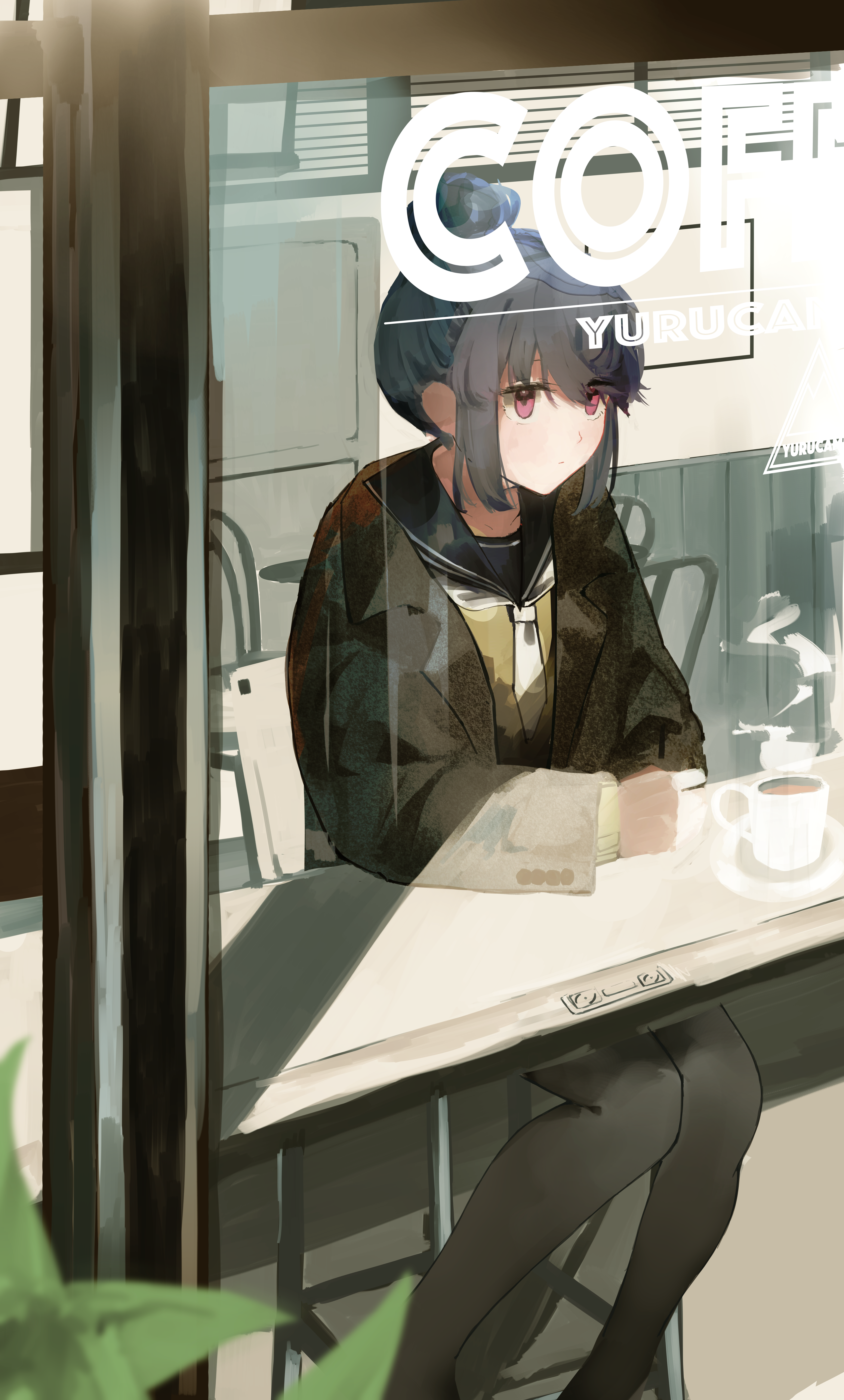 Yuru Camp Rin Shima Cafe Behind The Glass Vertical Anime Girls Drink Hairbun Window 3946x6545