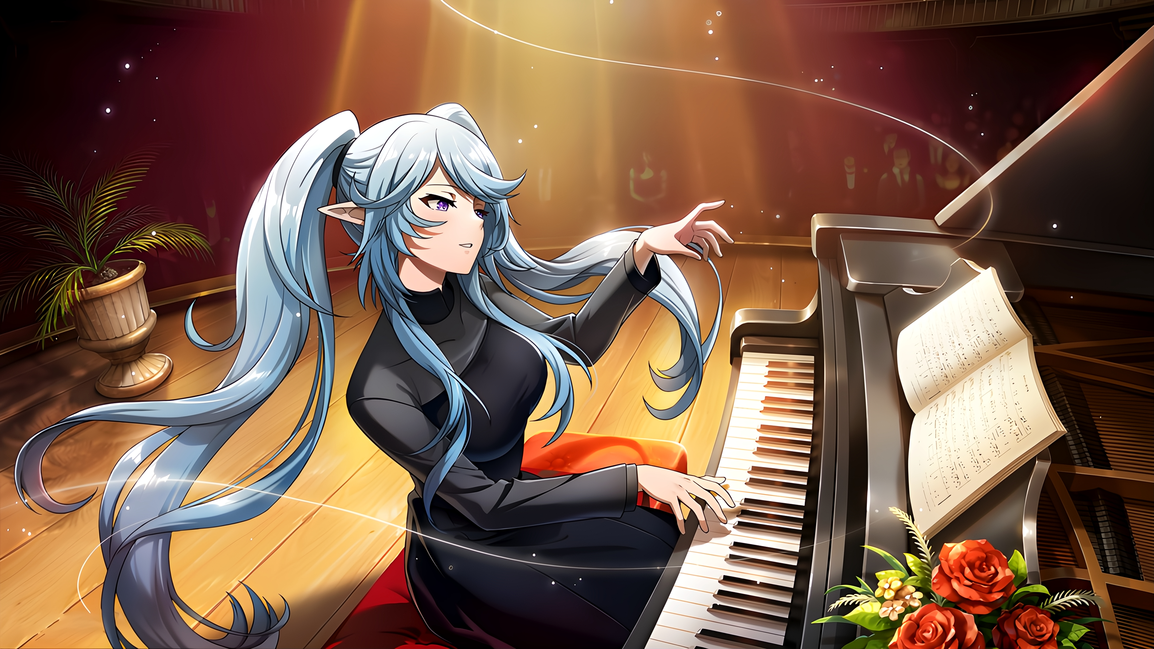 The Eminence In Shadow Anime Silon Epsilon Piano Musical Instrument Pointy Ears Sitting Flowers Long 3840x2160