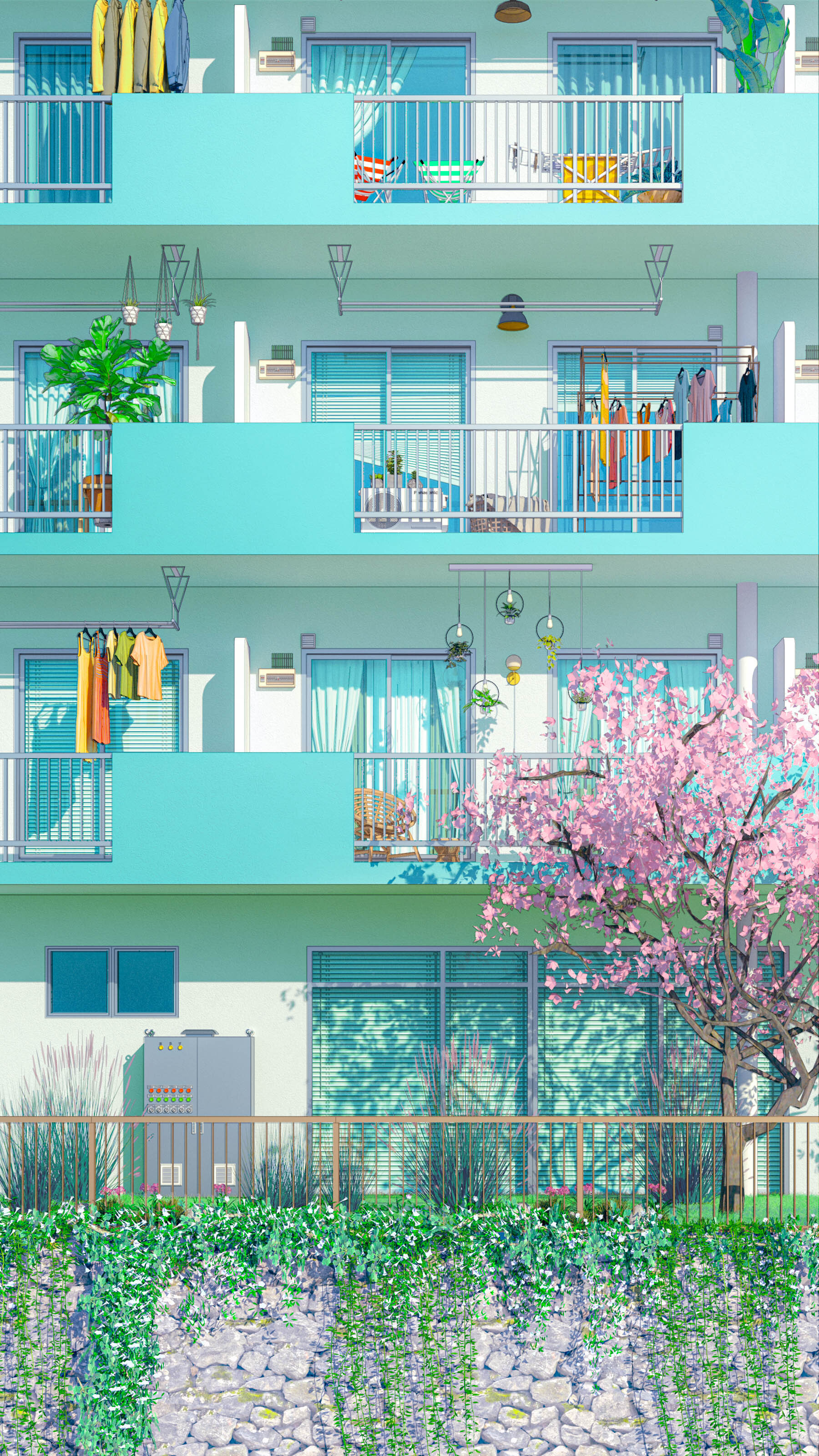 Artwork Digital Art Building Balcony Trees 1800x3200