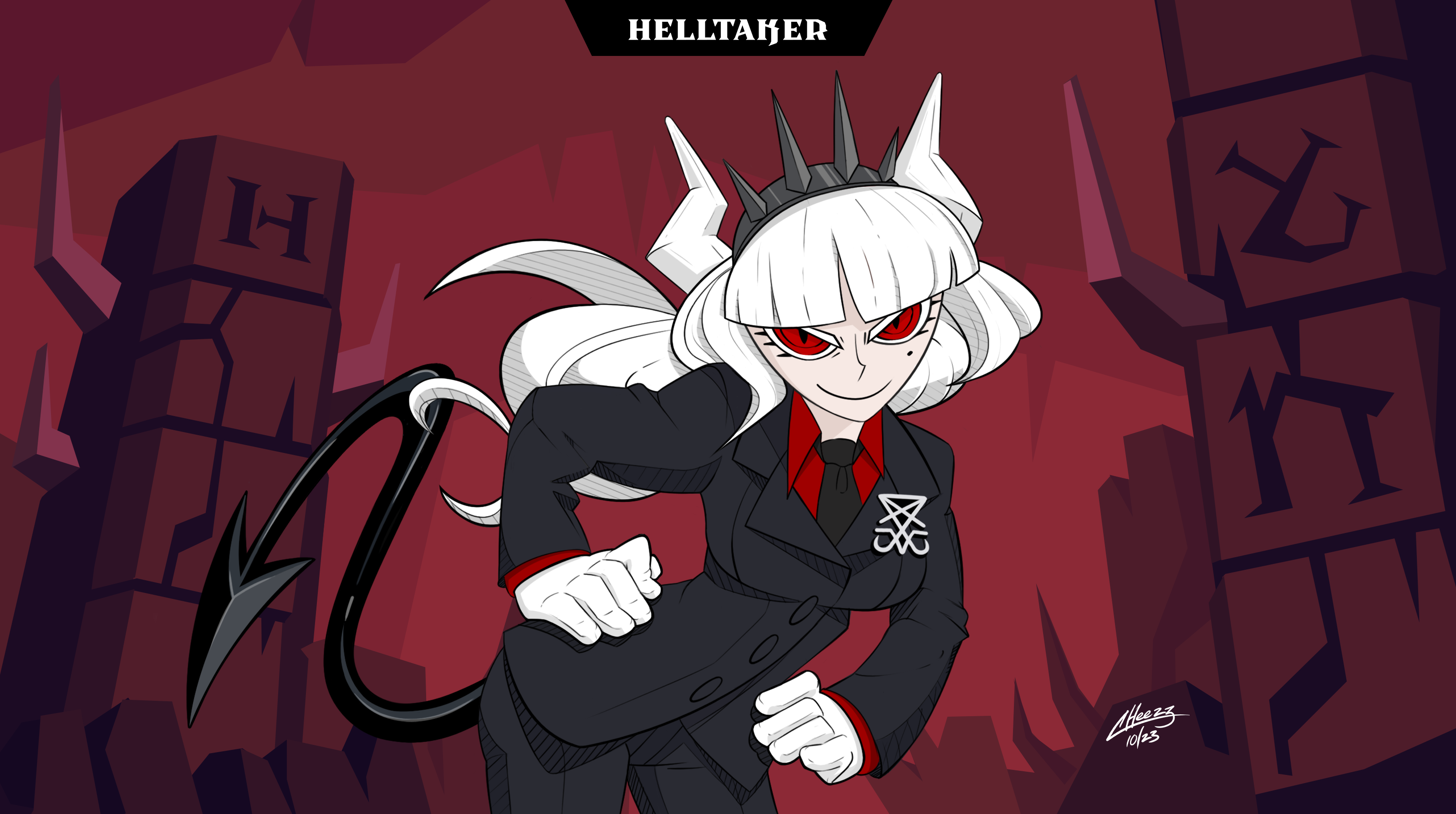 Lucifer Helltaker Suits Tail Horns Red Eyes Red Background Digital Art Watermarked 2023 Year Video G 3198x1790