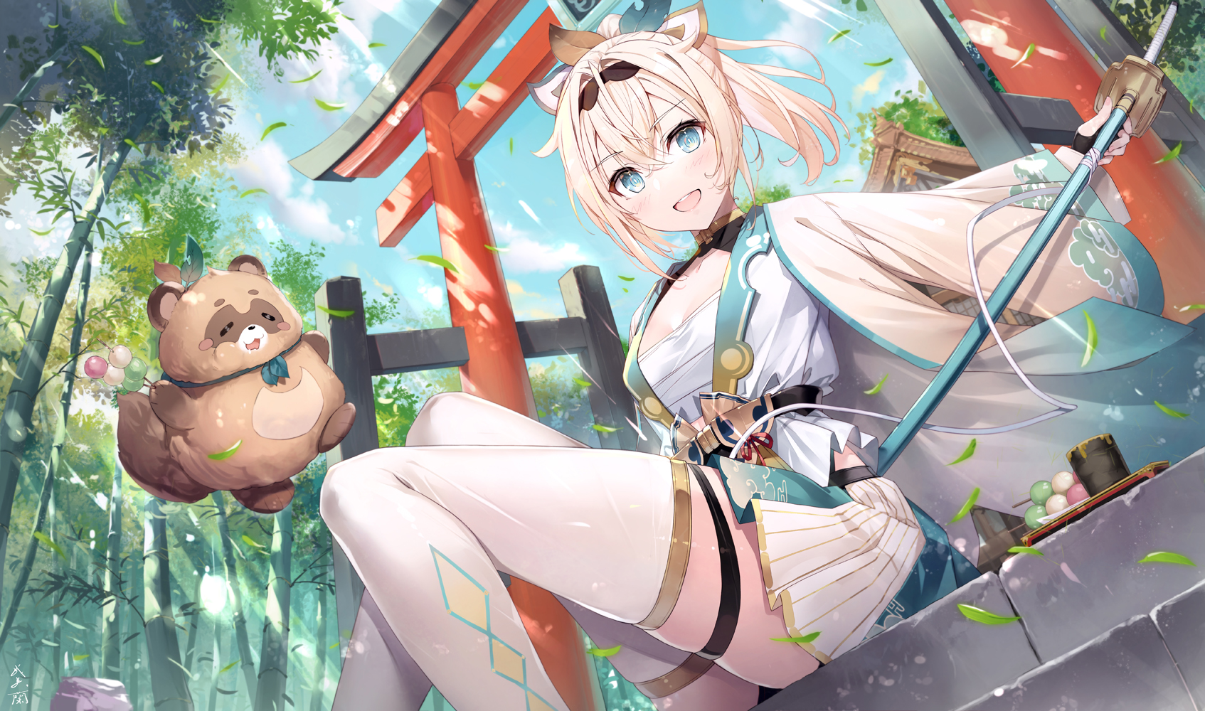 Anime Anime Girls Sitting Leaves Torii Looking At Viewer Short Hair Blushing Sky Clouds Bamboo Sword 1694x1000