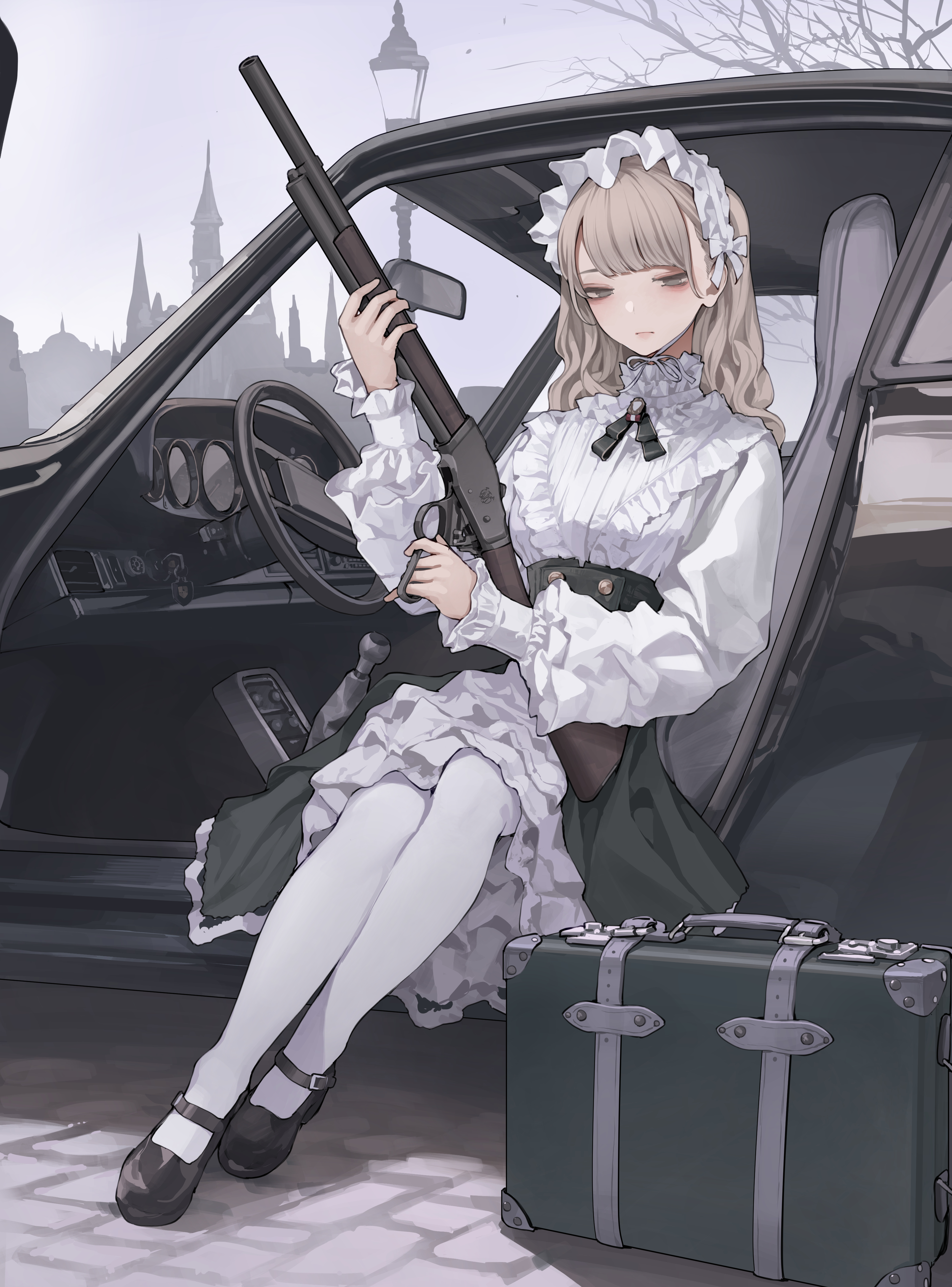 Anime Anime Girls Pixiv Original Characters Lolita Fashion Sitting Gun Steering Wheel Long Hair Port 3451x4664