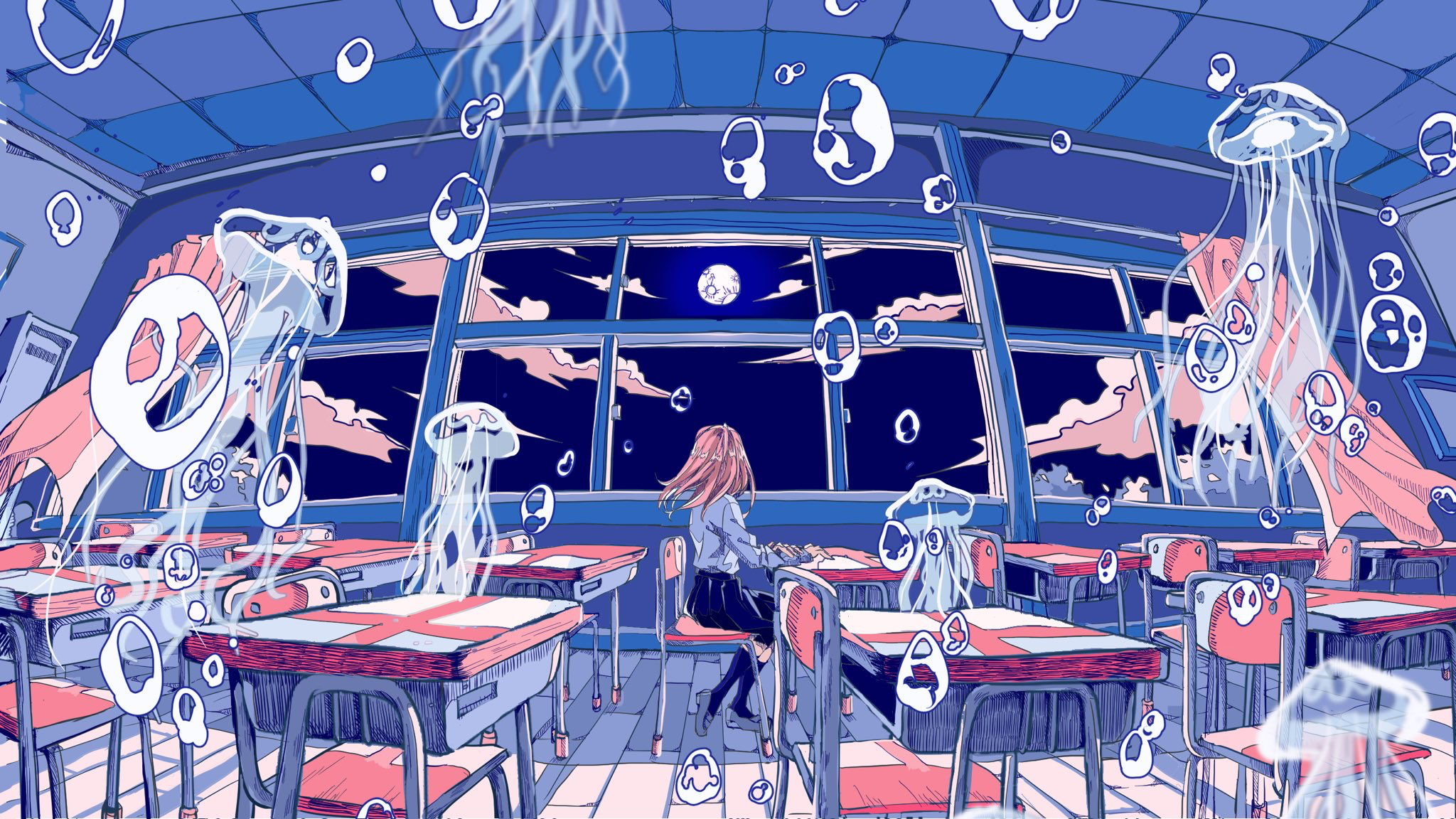 Pixiv Anime Bubbles Classroom Jellyfish Schoolgirl Anime Girls School Uniform Desk Chair Sitting Win 2048x1152
