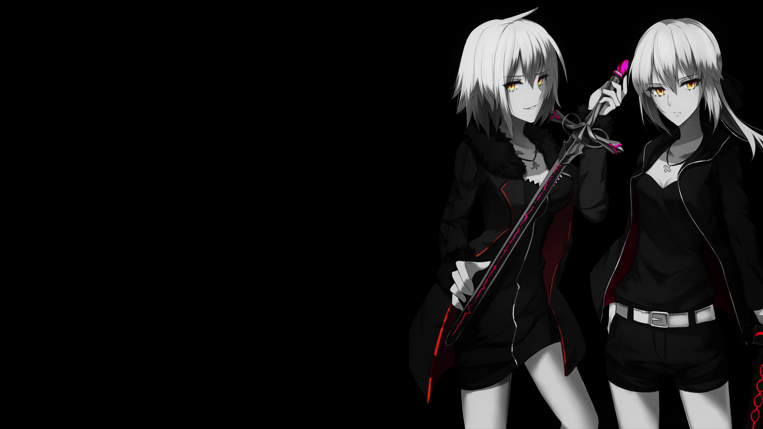 Simple Background Dark Background Black Background Anime Girls Selective Coloring Two Women Sword Fa 2560x1440