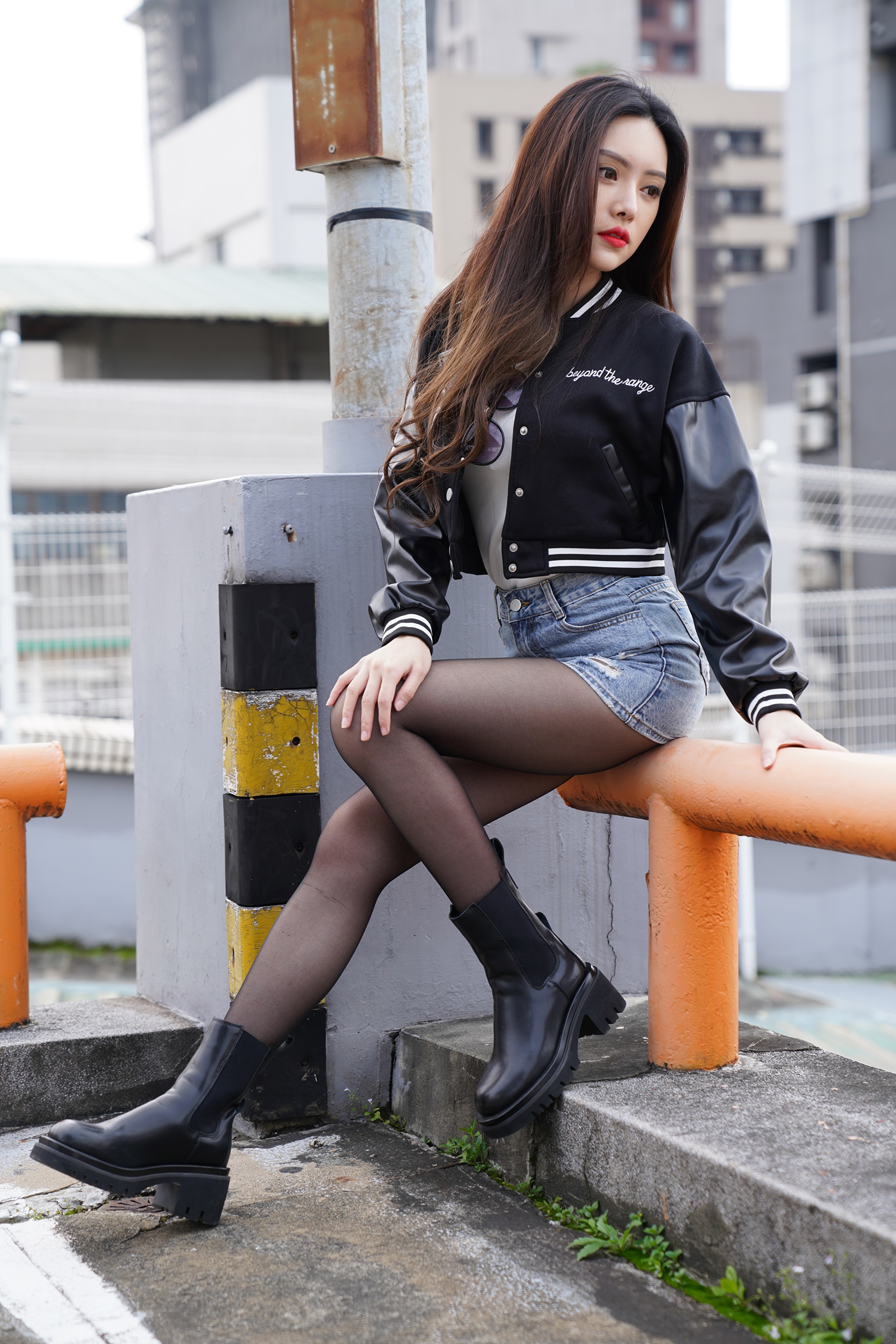 Asian Model Women Long Hair Dark Hair Nylons Ankle Boots Jean Shorts Letterman Jacket Iron Railing S 2560x3838