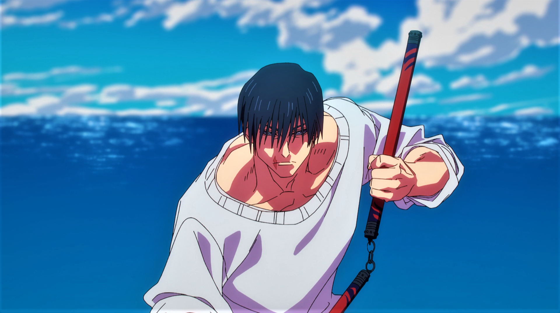 Jujutsu Kaisen Fushiguro Toji Nunchucks Sweater Water Sky Clouds Black Eyes Muscles Hands Anime Anim 1920x1074