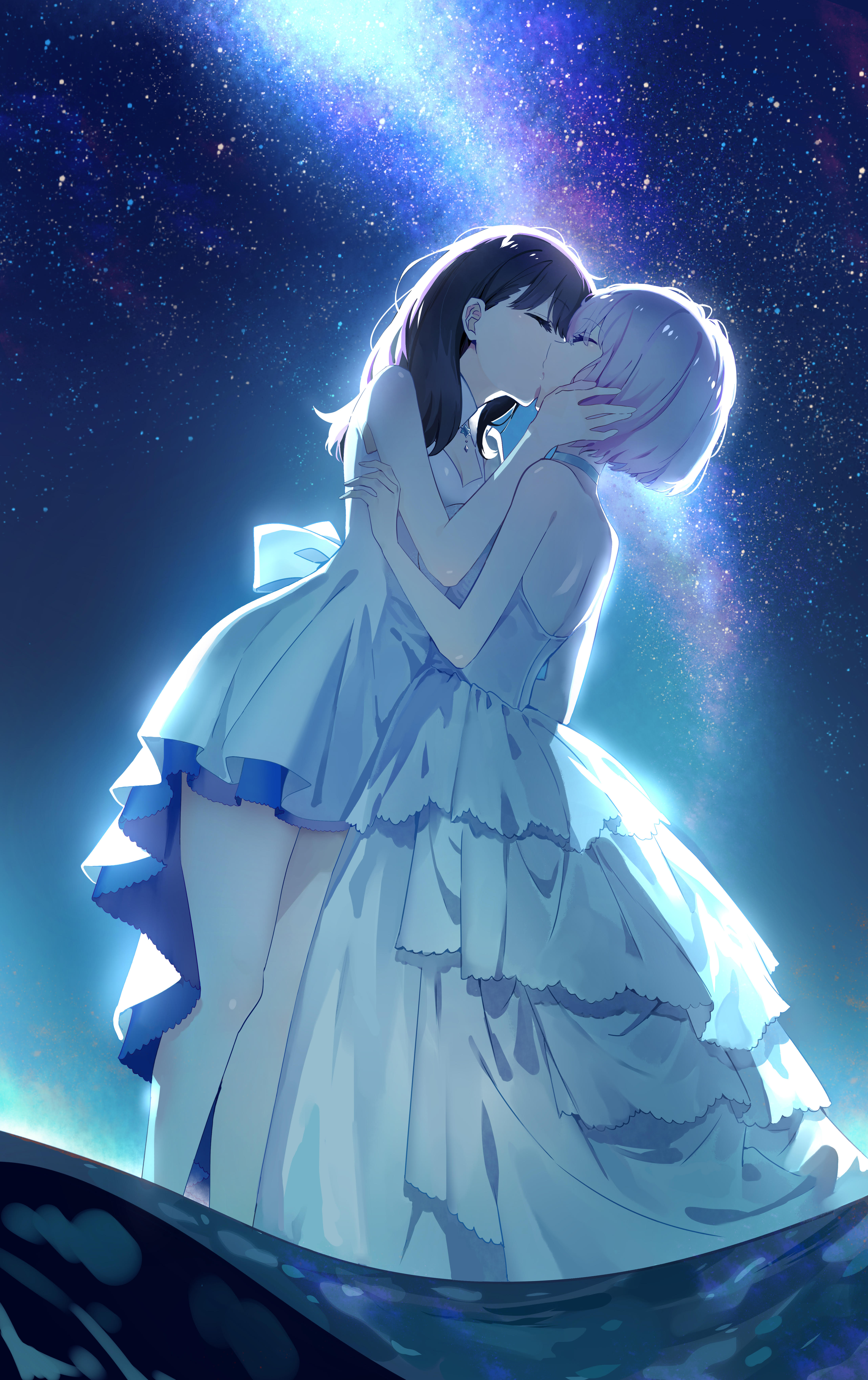 Anime Girls Wedding Dress Anime Kissing Starry Night Low Angle Standing In Water Stars SSSS GRiDMAN  4380x6960