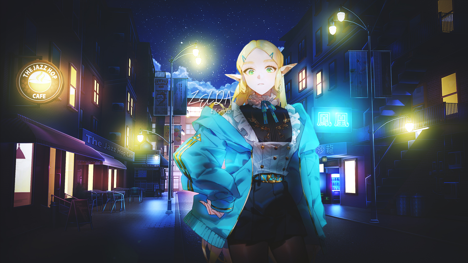 Anime Urban LuZi Blue Anime Girls Pointy Ears Zelda Street Light 1920x1080