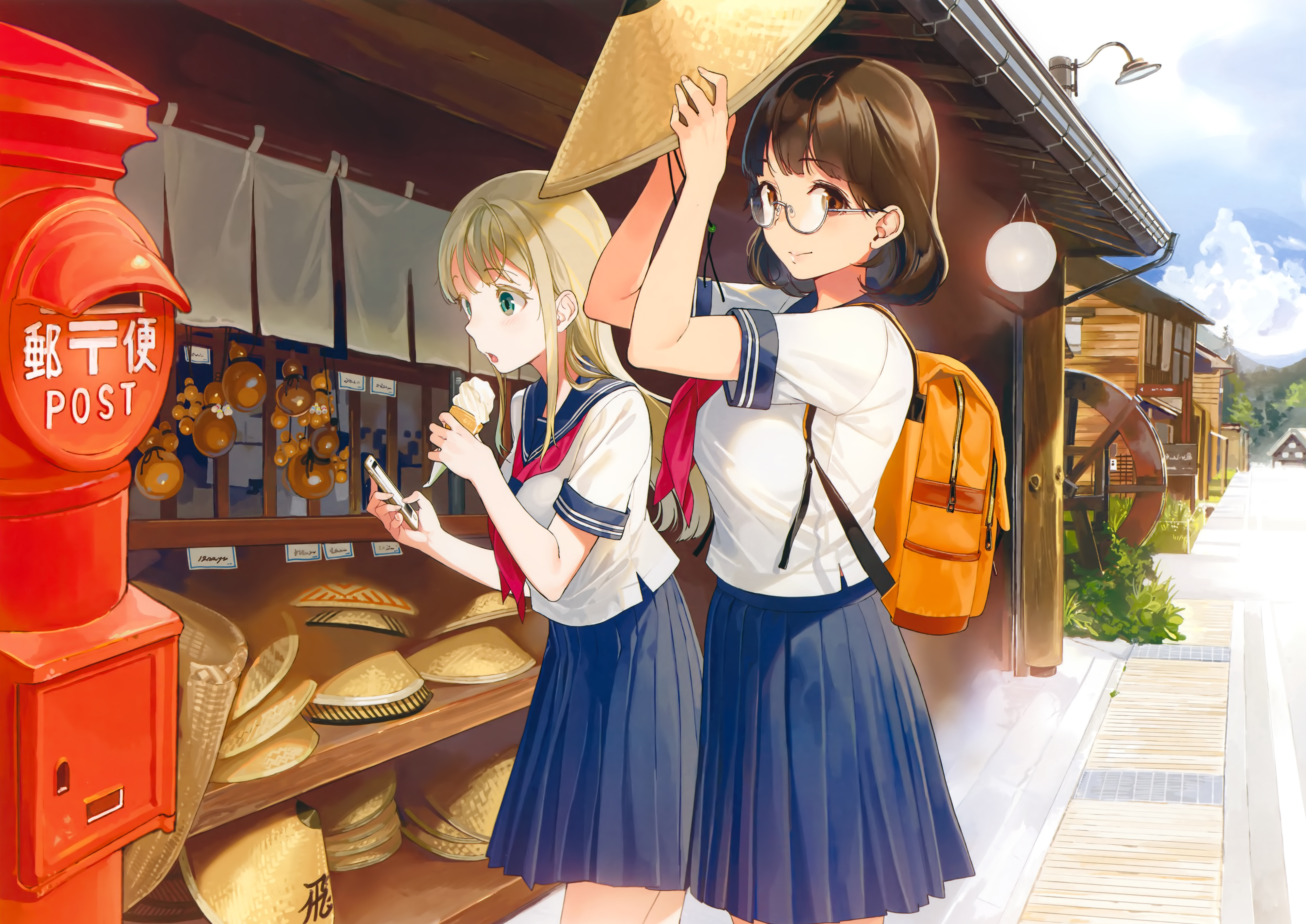 Uniform Glasses Students Anime Girls Schoolgirl School Uniform Backpacks Ice Cream 4000x2831