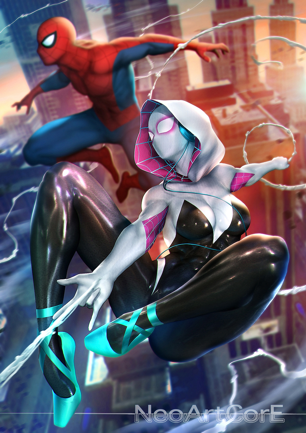 NeoArtCorE Artist Drawing Spider Man Spider Gwen Marvel Comics Spiderwebs City Hoods Digital Art 1000x1415