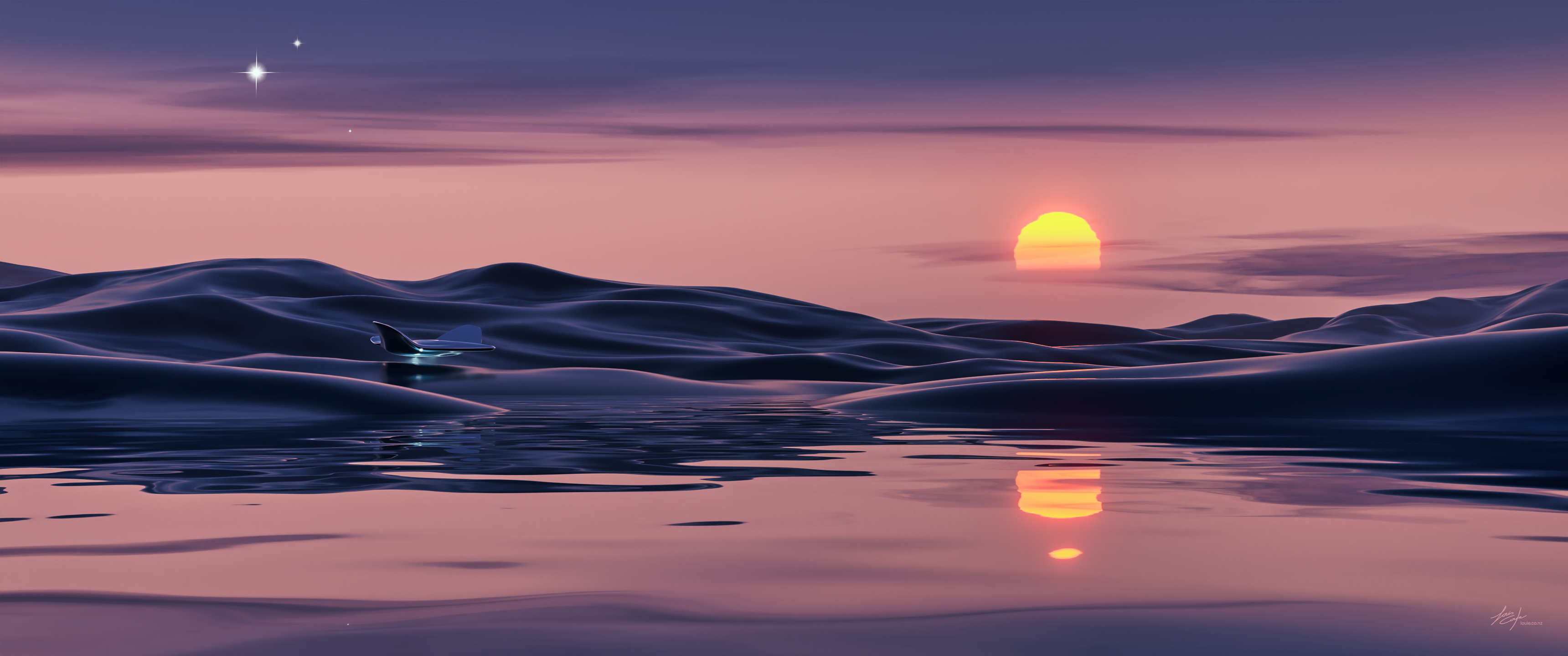 Louis Coyle Digital Art Artwork Illustration Landscape Nature Wide Screen Sea Water Waves Sun Reflec 3440x1440