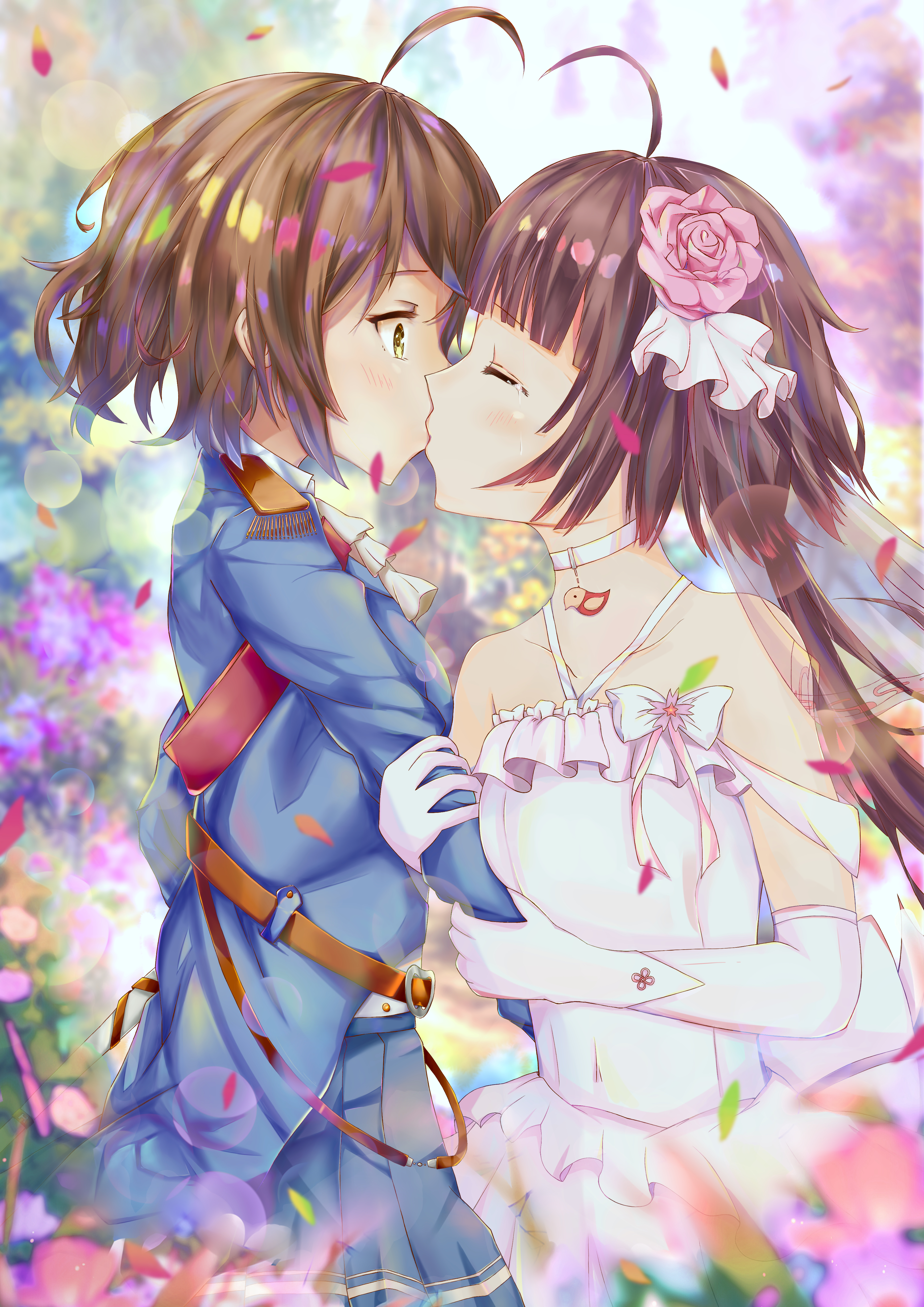 Lingyuan Anime Hanser Anime Girls Closed Eyes Kissing Vertical Flower In Hair Petals Flowers Elbow G 3472x4911