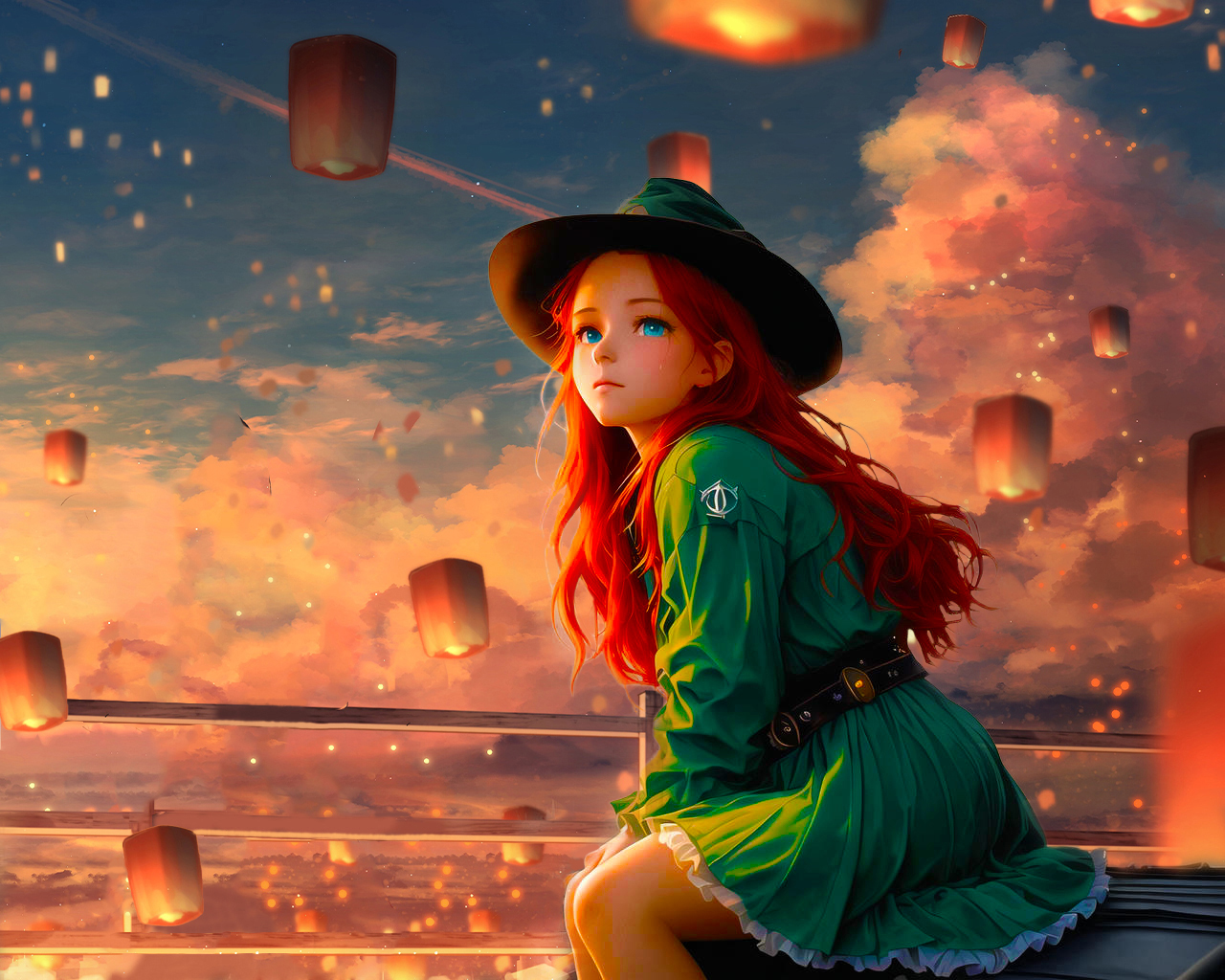 Anime Girls Artwork Redhead Turquoise Eyes Hat Looking Away Sky Lanterns Clouds Sky Long Hair Sunset 1280x1024