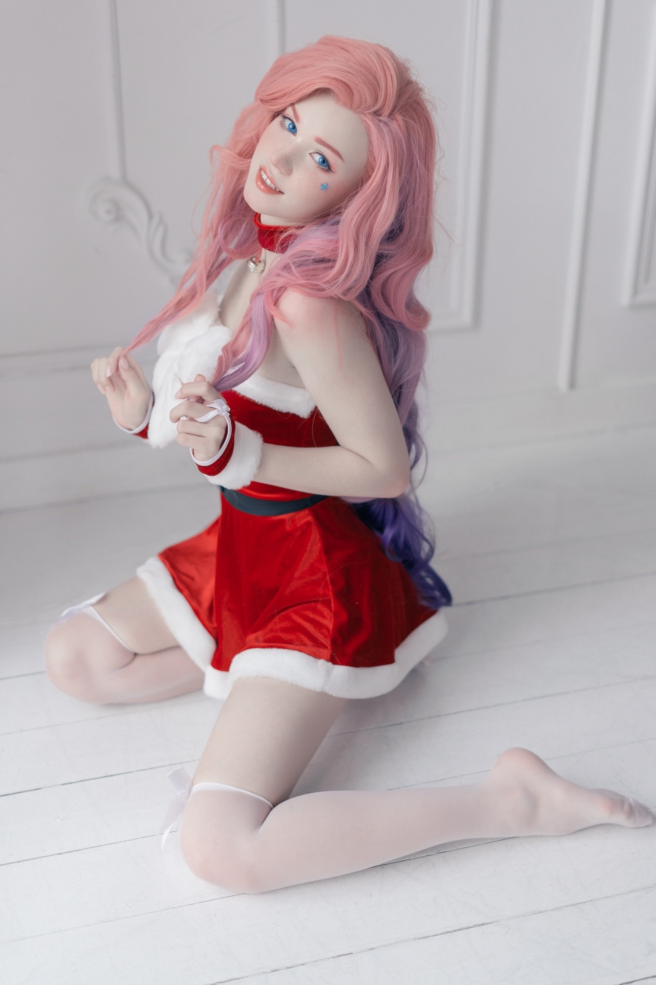 Women Pink Hair Red Dress Legs Face Christmas Clothes 1333x2000