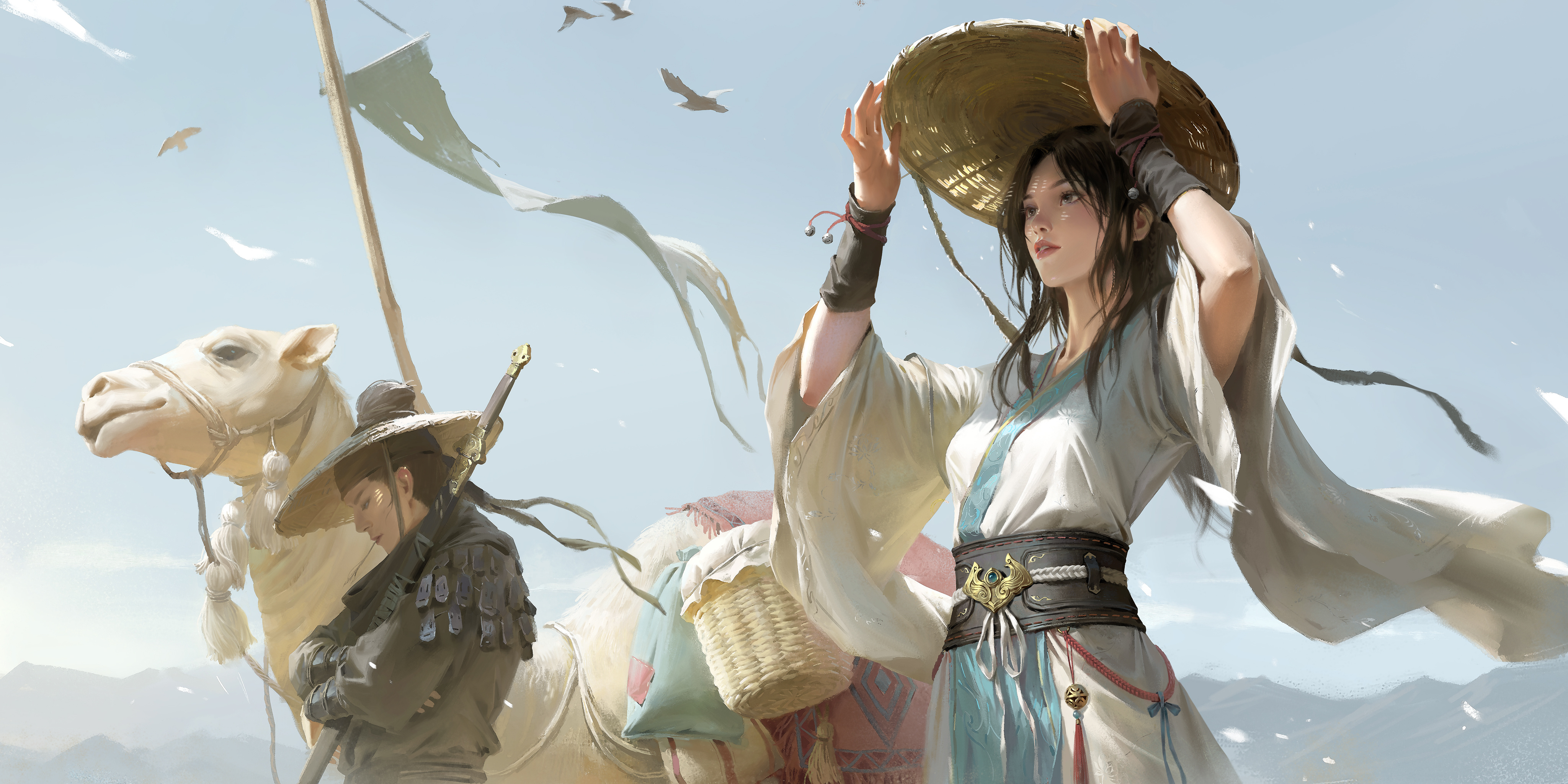 Wang Xiao Digital Art Artwork Illustration Couple Women Men Camels Animals Sword Hat Birds Looking A 4096x2048