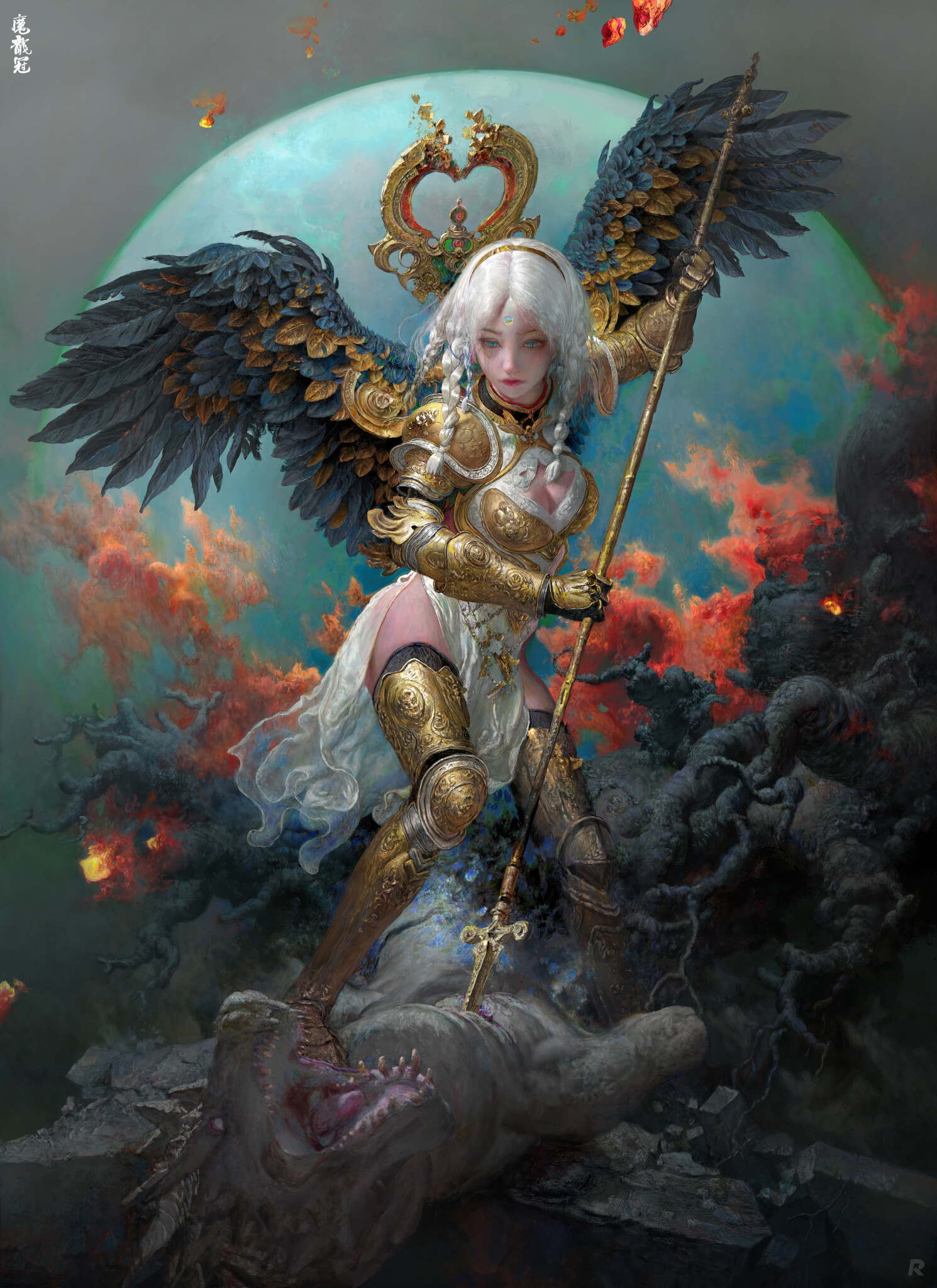 Artwork Women Fantasy Art Fantasy Girl Armor Armored Fantasy Armor Wings Creature Dragon Spear Women 1490x2047