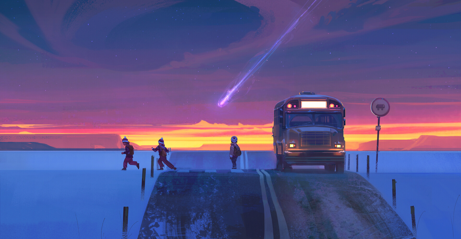Artwork Digital Art Buses Bus Stop Road Sunset Shooting Stars Snow 1920x996