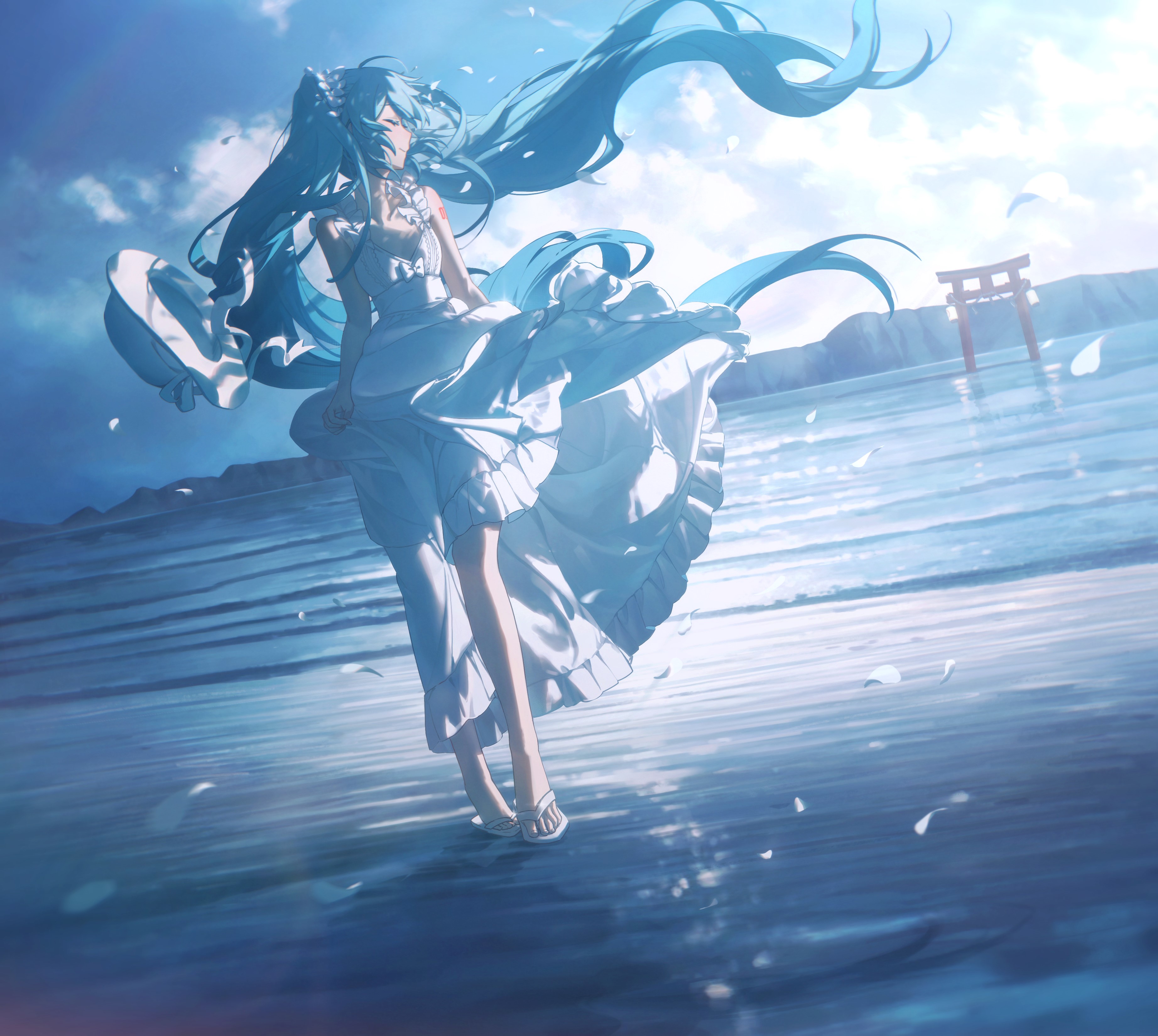 Anime Anime Girls Hatsune Miku Vocaloid Long Hair Twintails Closed Eyes Water Hair Blowing In The Wi 3687x3300