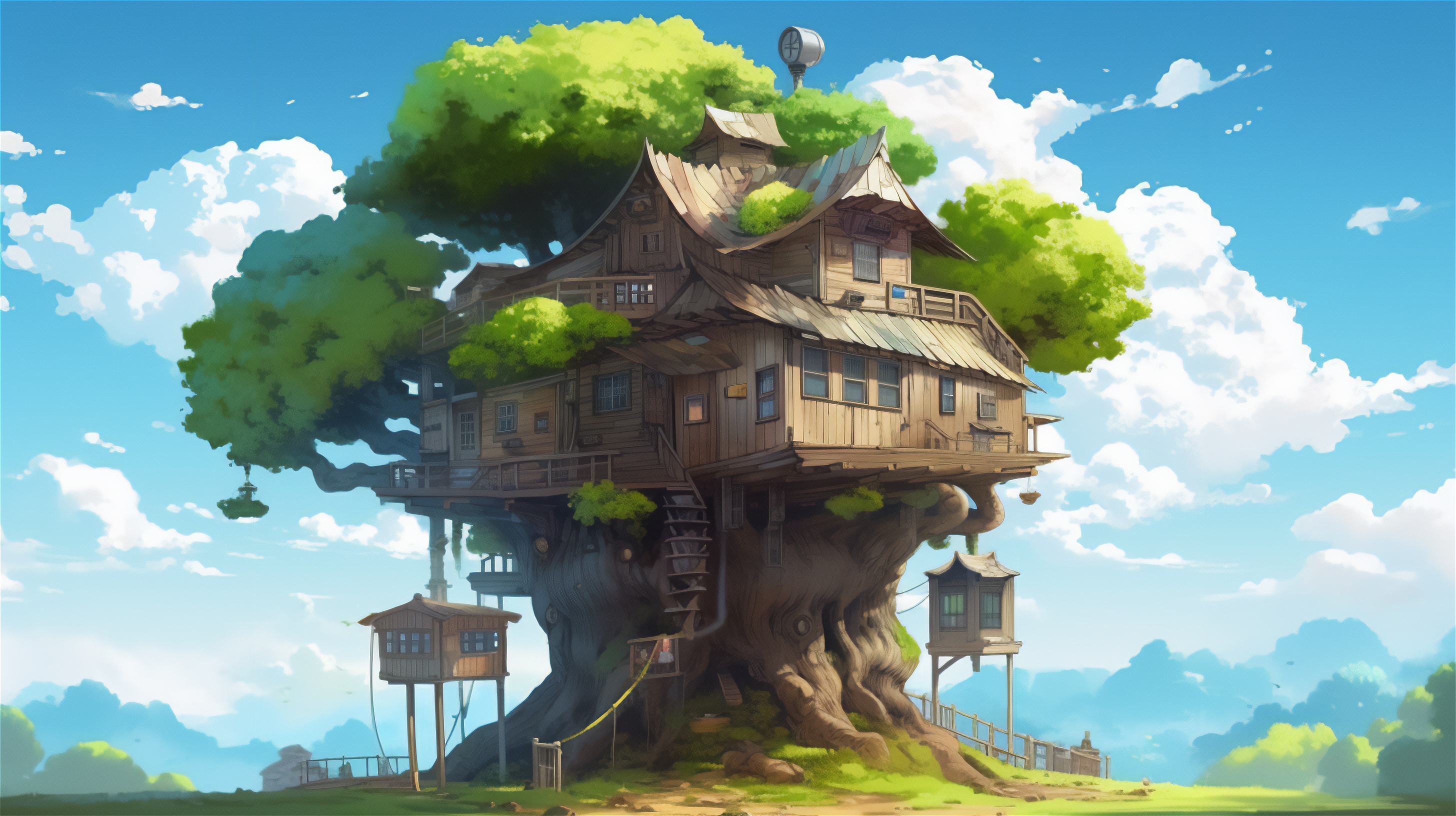 Ai Art Illustration Tree House Anime Studio Ghibli Clouds Grass Sky 2912x1632