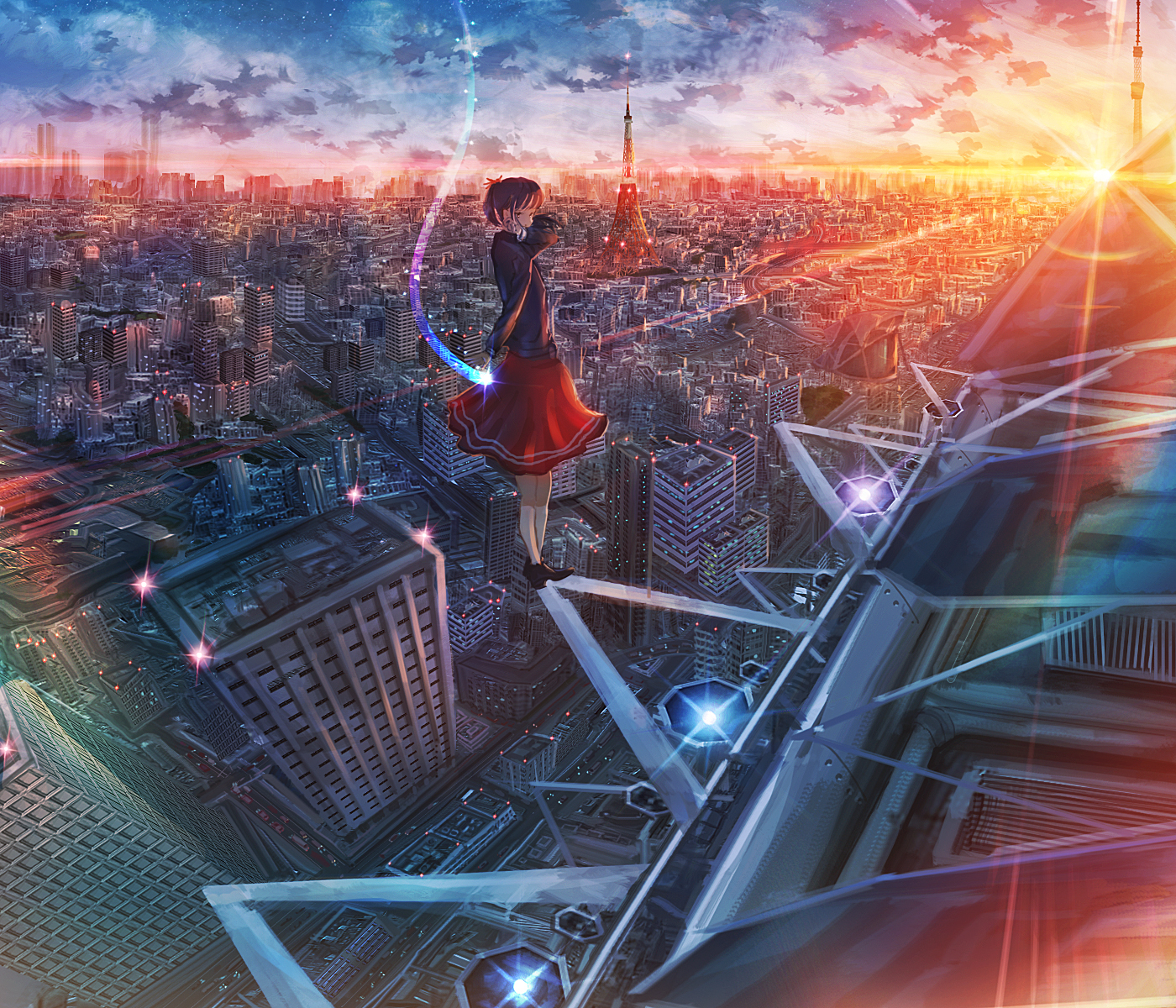 Anime Girls Sunset Glow Sunset Cityscape Looking Back Red Skirt Sky School Uniform Schoolgirl Kenzo  1400x1200