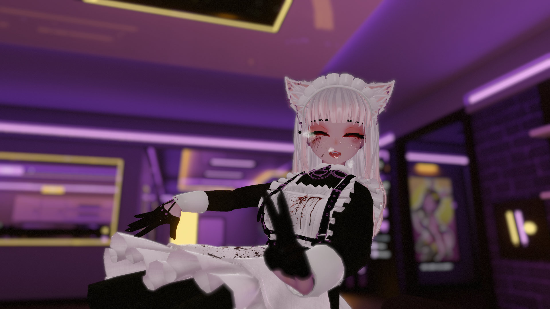 Vrchat Anime Girls CGi Maid Maid Outfit Gloves Peace Sign Closed Eyes Cat Girl Cat Ears 1920x1080