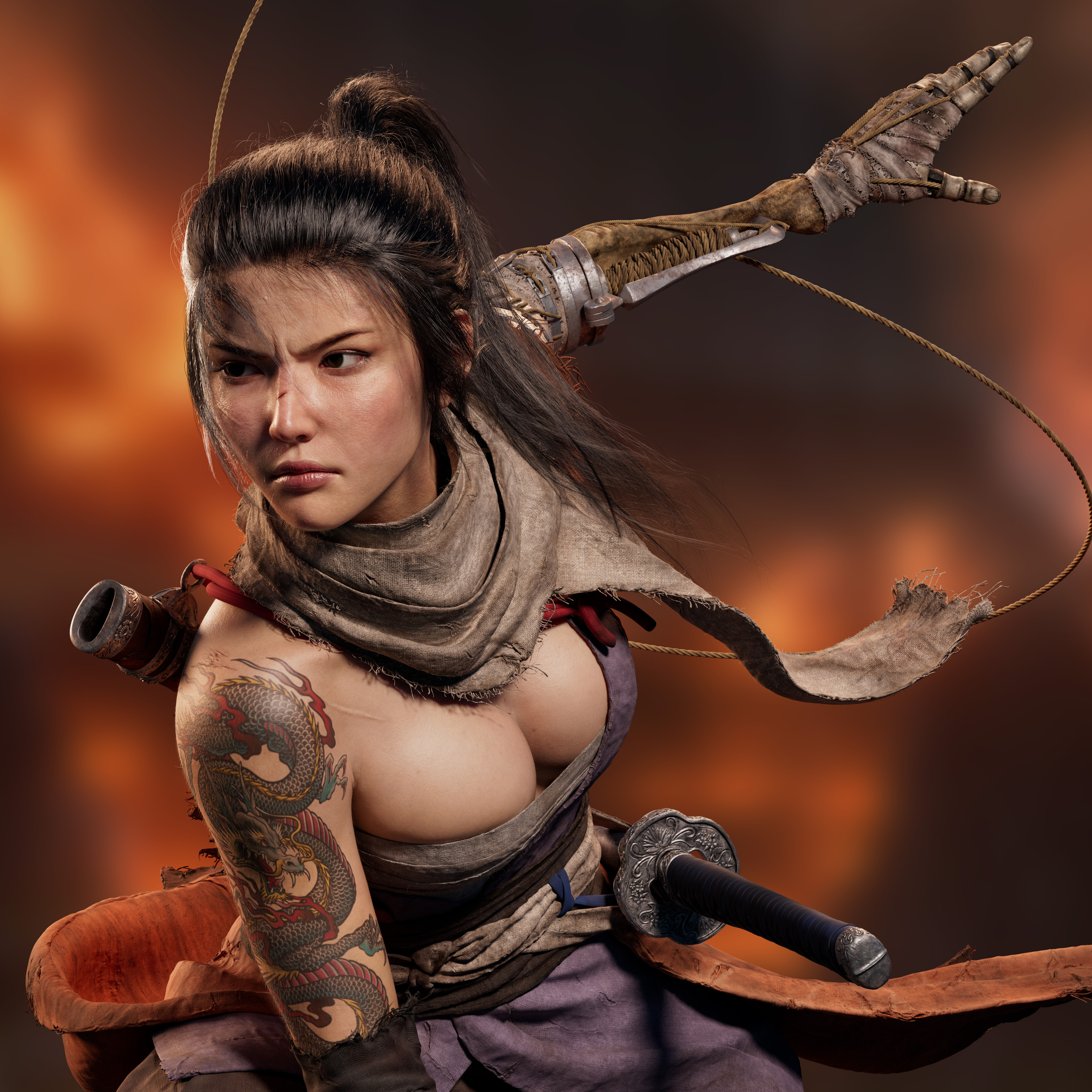 Ginyang Chia CGi Women Dark Hair Asian Scars Warrior Tattoo Prosthesis Feudal Japan Weapon Katana Si 3840x3840