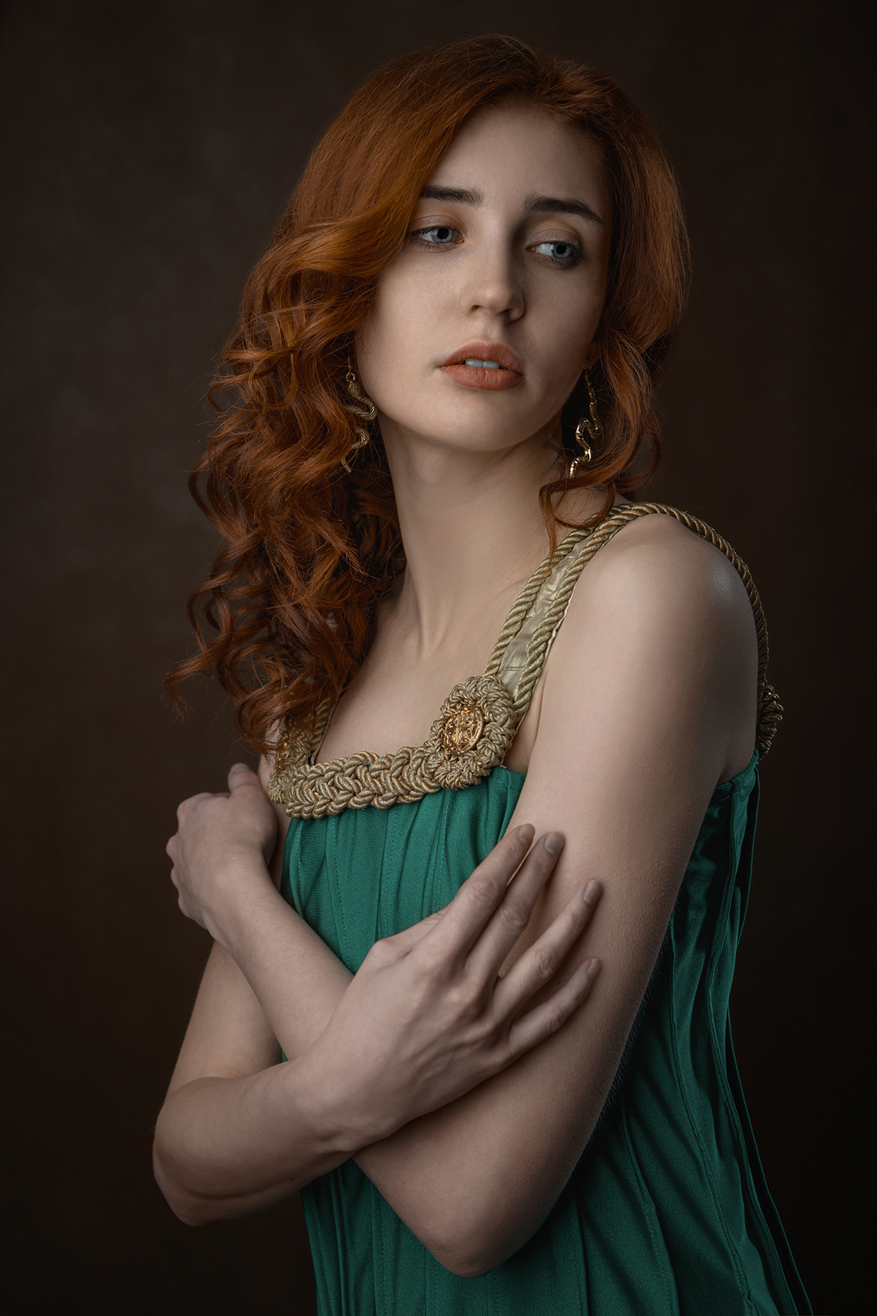 Evgeny Kozlov Women Redhead Long Hair Wavy Hair Green Clothing Dress Frown Looking Away Simple Backg 1280x1920