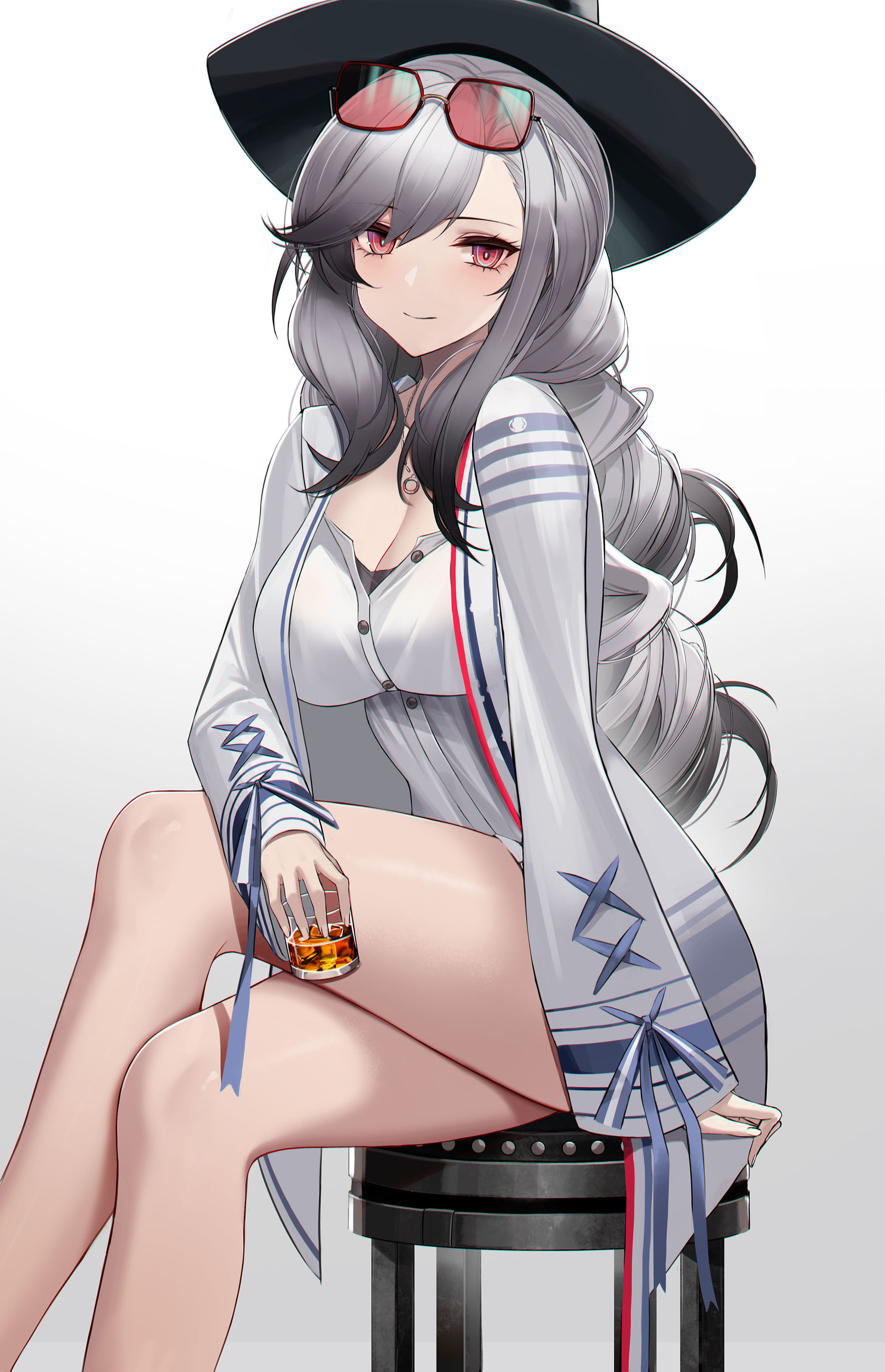 Anime Anime Girls Sunglasses Hat Silver Hair Legs Crossed Alcohol 2000x3101