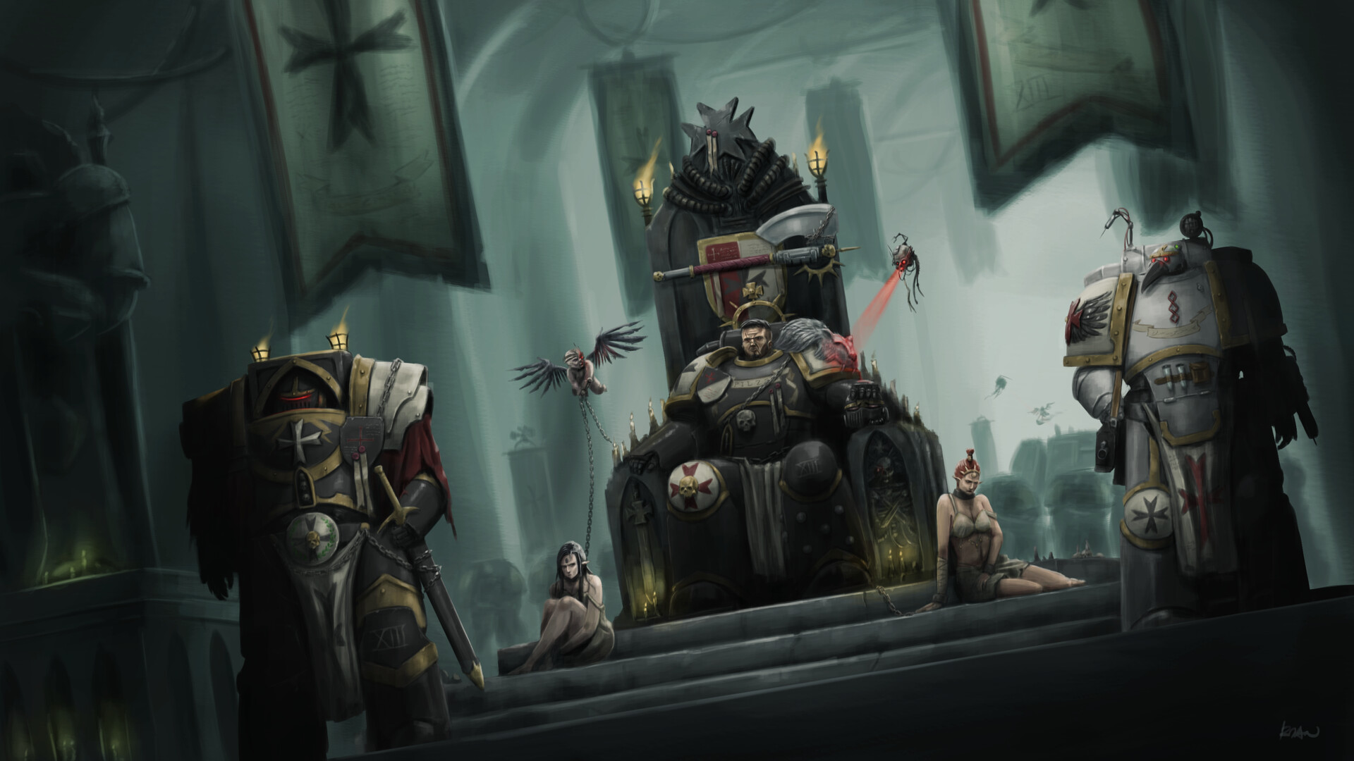 Science Fiction Warhammer 40 000 Power Armor Space Marines War Axe Fire Throne Crusaders Slave Skull 1920x1080