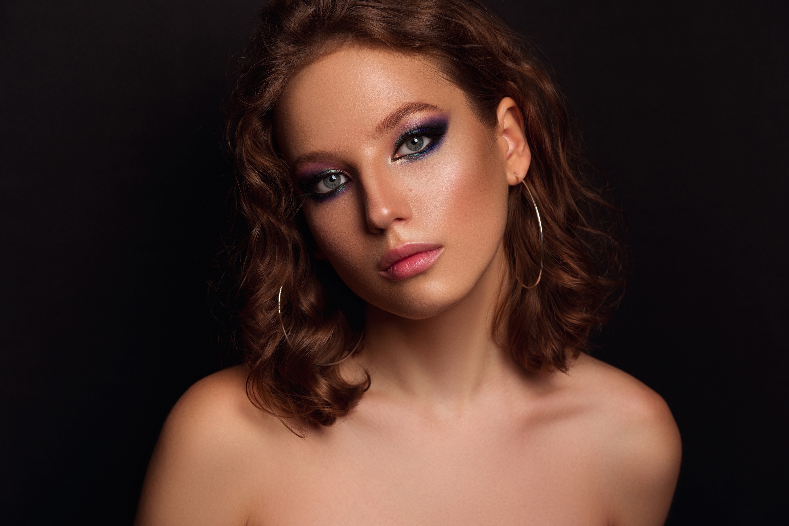 Andrey Zhukov Women Brunette Portrait Eyeshadow Purple Bare Shoulders Head Tilt 2560x1707