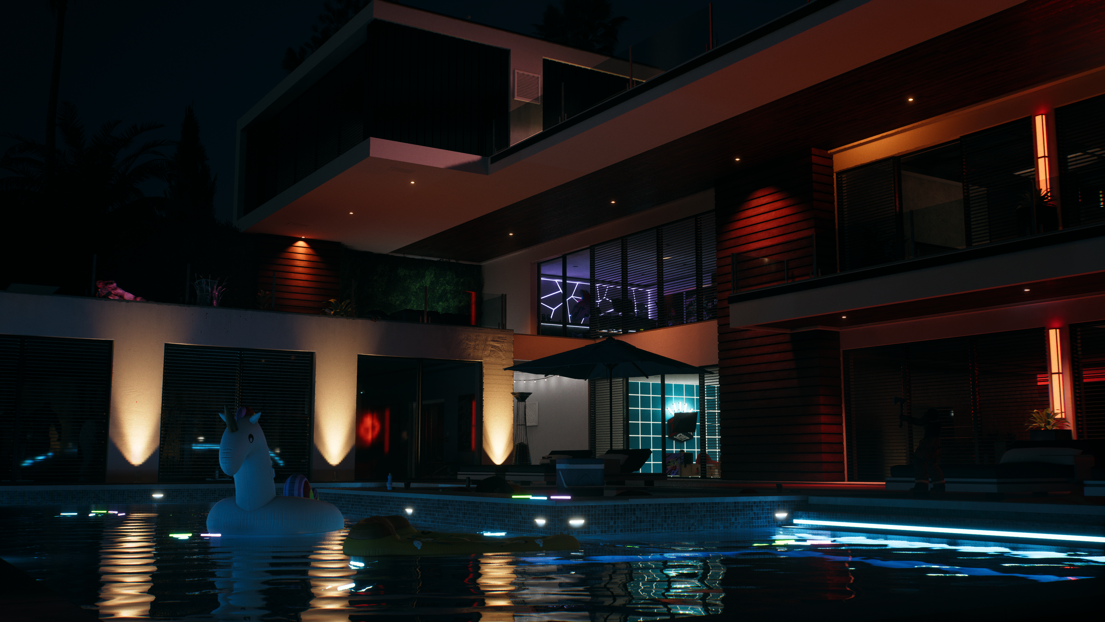 Dead Island 2 Nvidia RTX Video Games CGi Water Swimming Pool Building Night Lights Reflection Floate 3840x2160