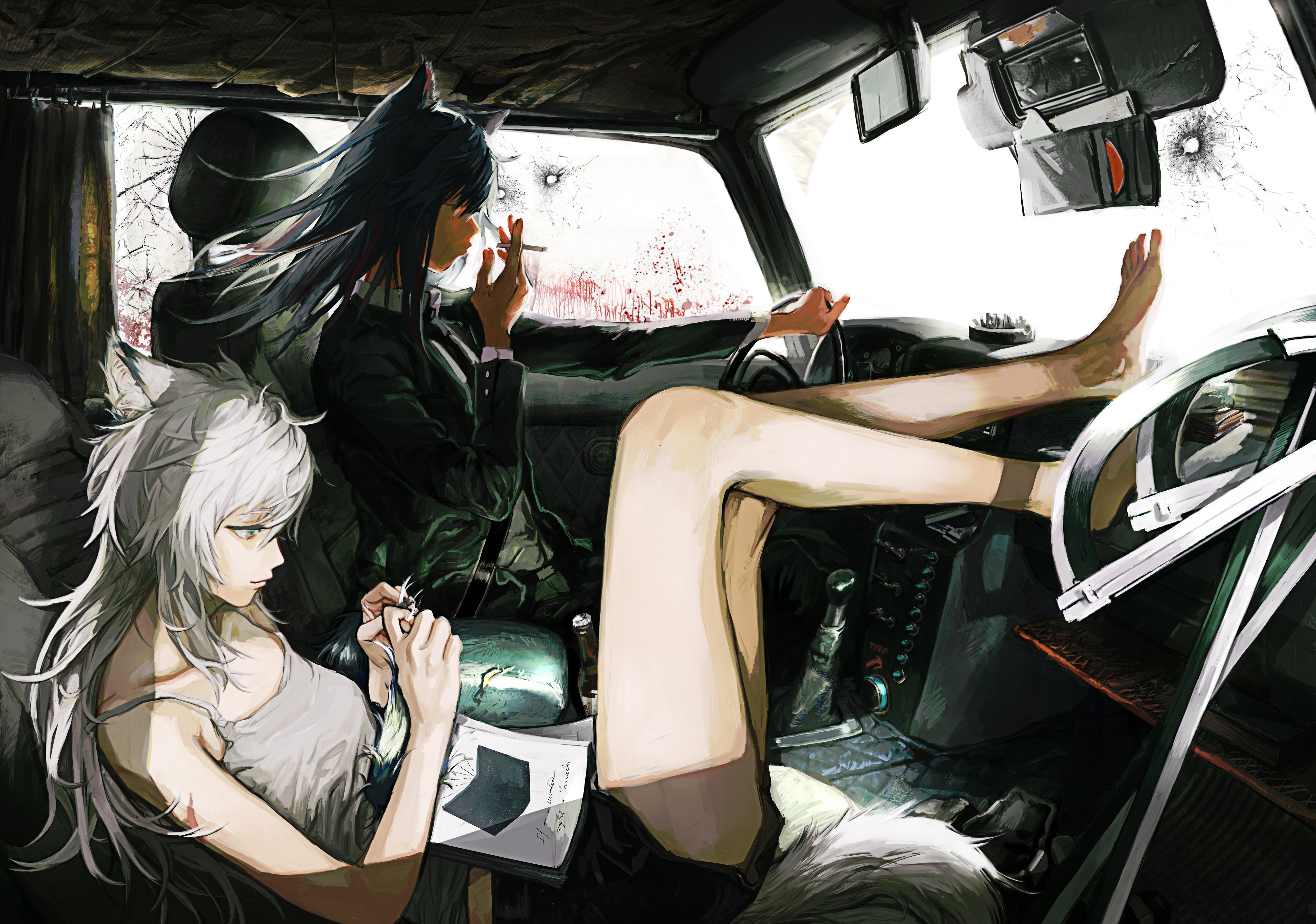 Anime Girls Car Animal Ears Arknights Interior Cigarettes Smoking Feet Wolf Girls Wolf Ears Wolf Tai 4082x2867