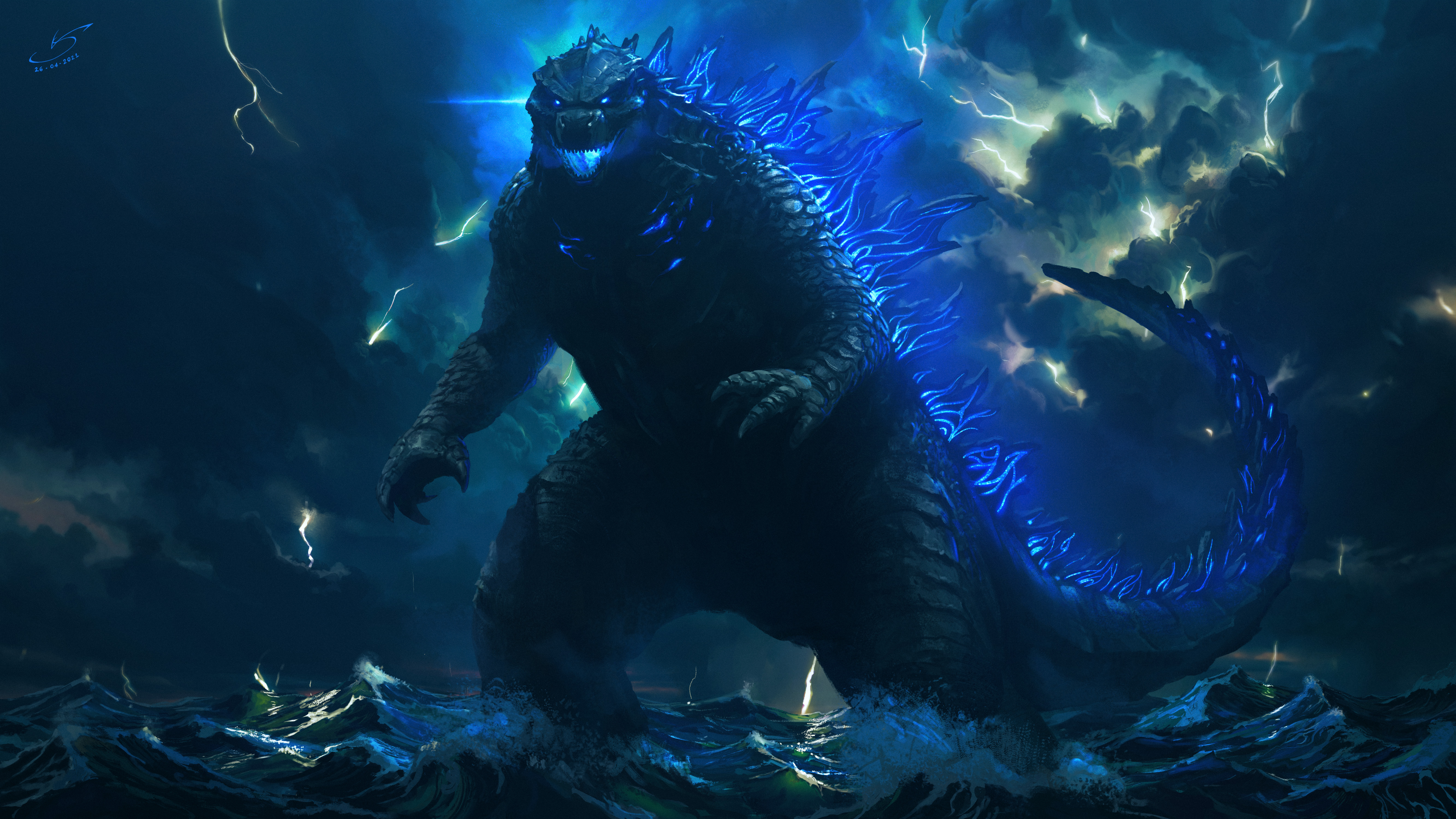 Digital Digital Art Artwork Illustration Godzilla Clouds Storm Animals Dinosaurs Sea Movie Character 5334x3000