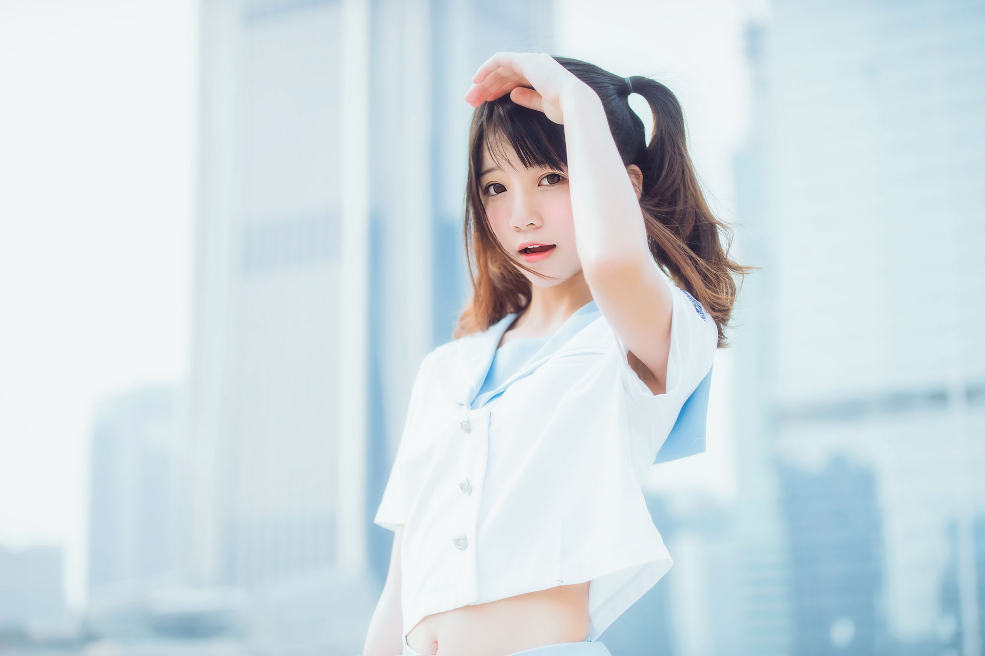 Cherryneko Women Model Asian School Uniform Women Outdoors Urban Twintails Bare Midriff 1920x1280