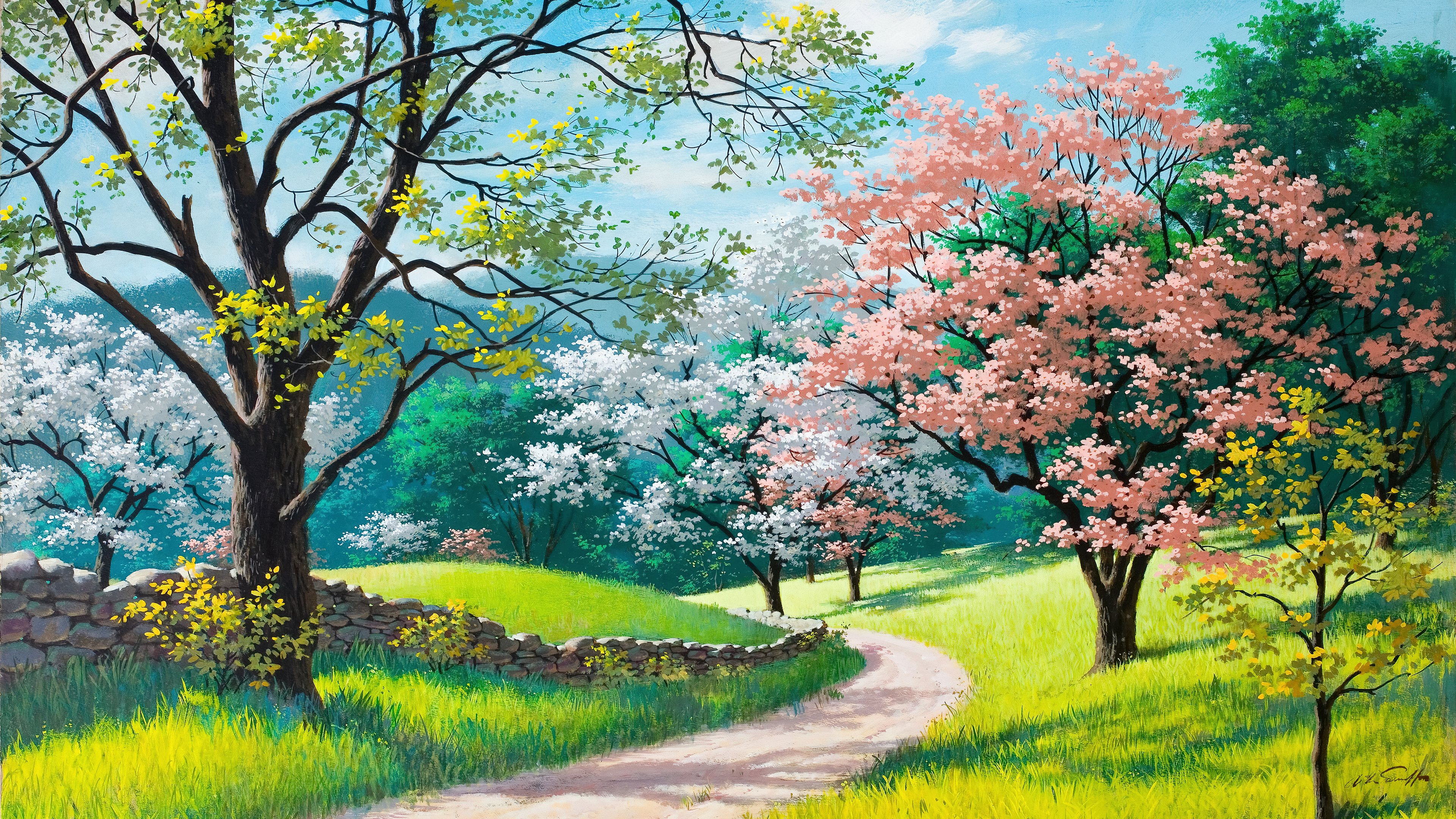 Digital Art Fantasy Art Nature Blossoms Trees Dirt Road Field Branch Spring Path Grass 3840x2160