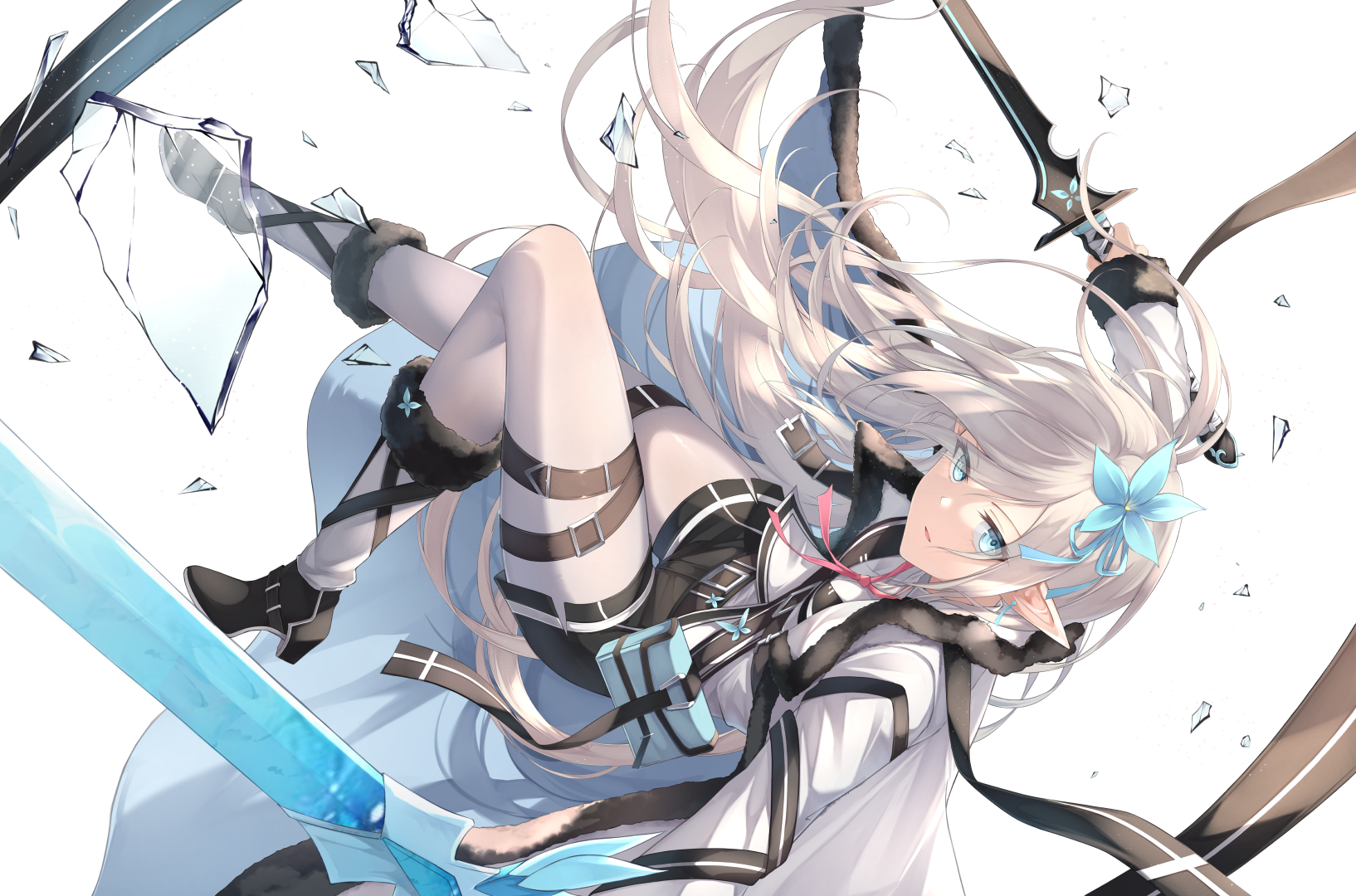 Anime Anime Girls Pointy Ears Long Hair Looking At Viewer Sword Weapon Flower In Hair Broken Glass M 1634x1080