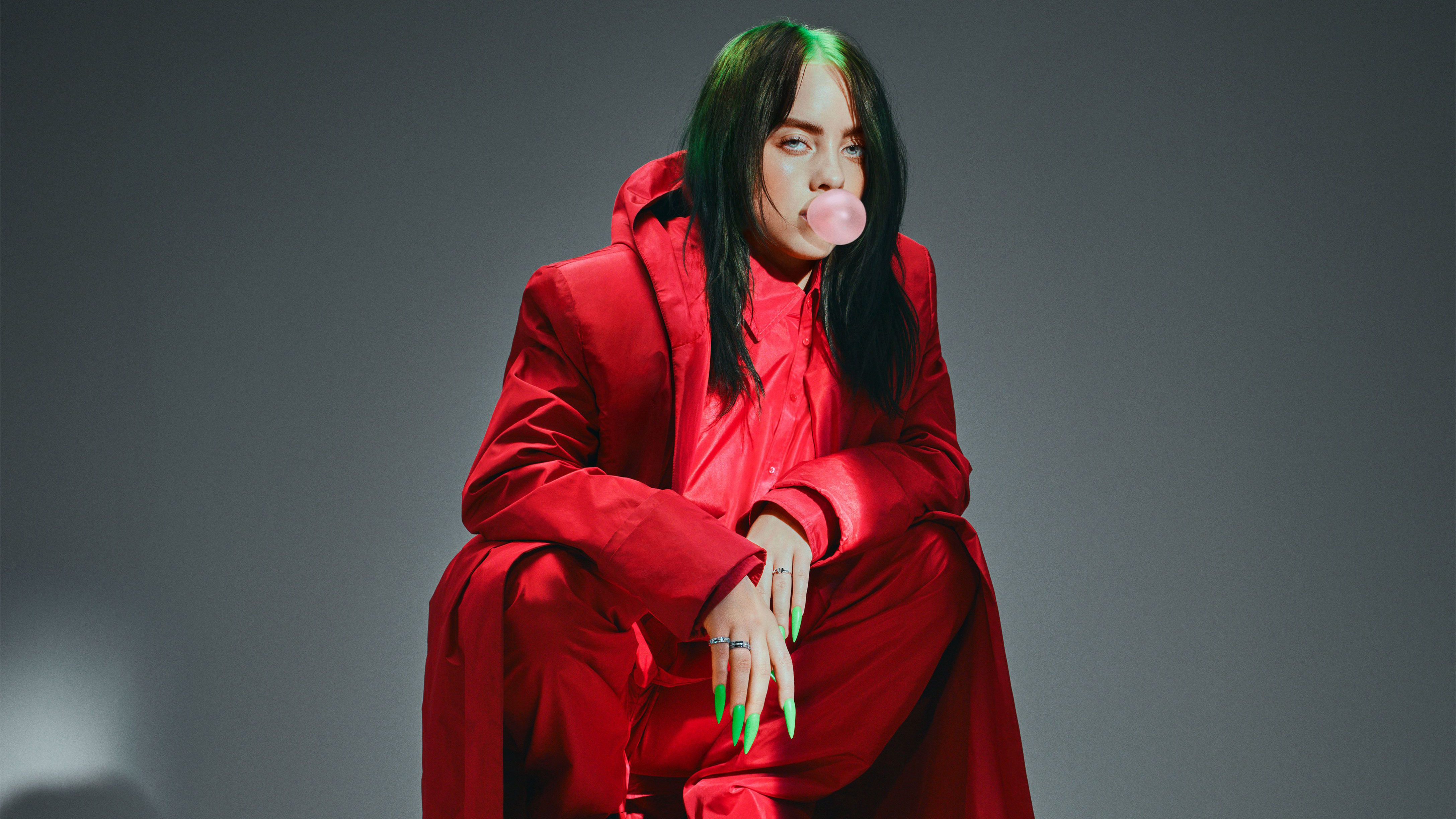 Billie Eilish Green Nails Green Hair Bubble Gum Suits Red Buttons Clothes Musician Thick Eyebrows Co 4350x2447