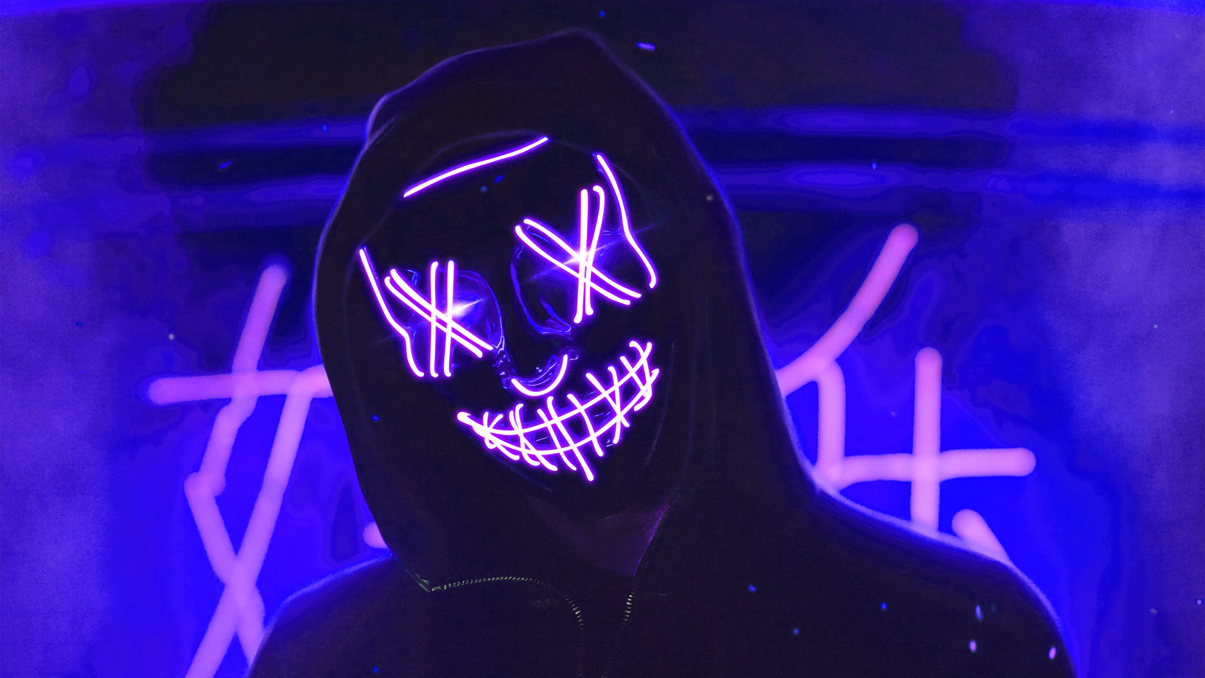 Black Hoodie Neon Glowing Blue Pink Mask 3840x2160