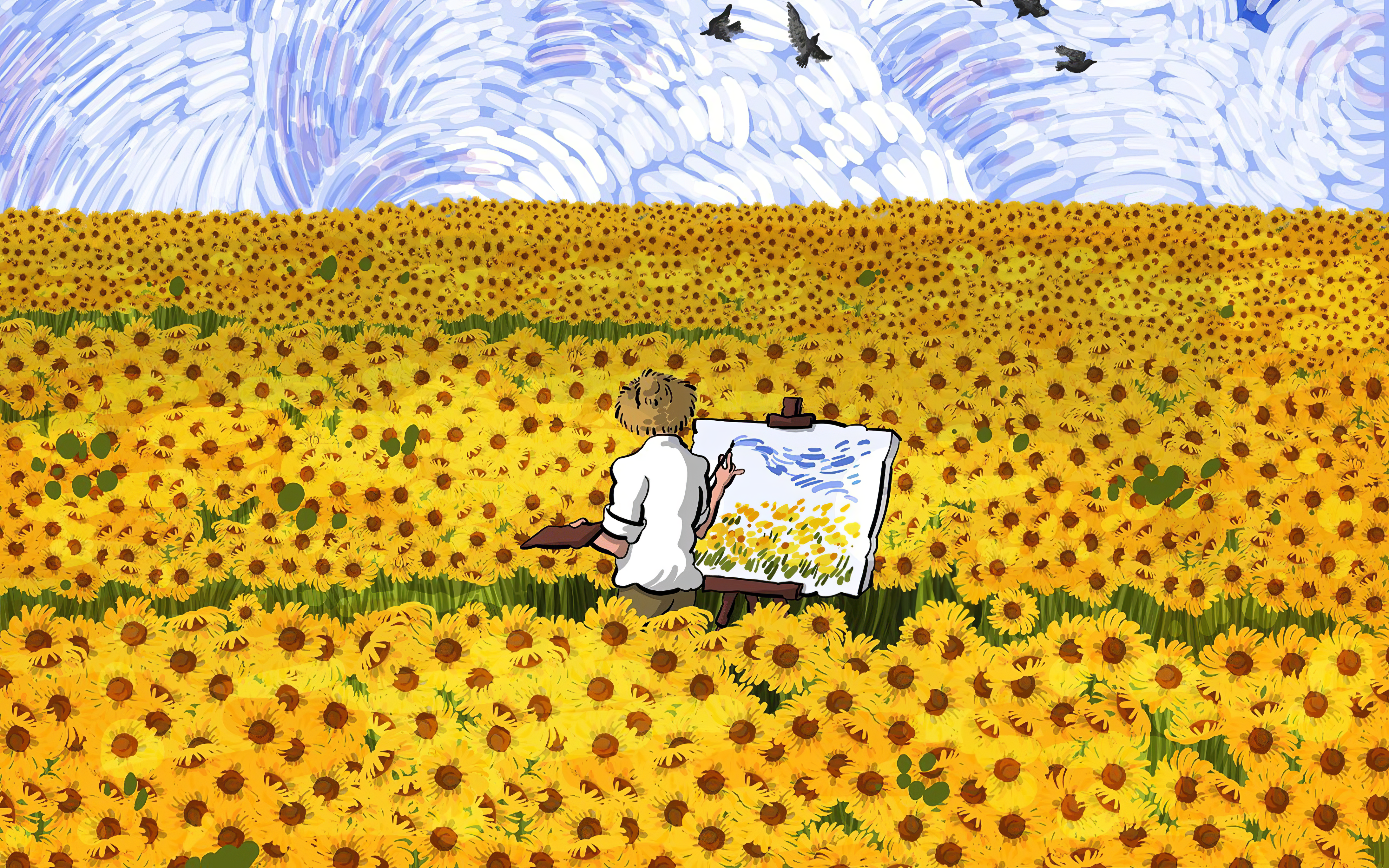 Alireza Karimi Moghaddam Vincent Van Gogh Painting Sunflowers Flowers Birds Straw Hat Rear View Fiel 4378x2736