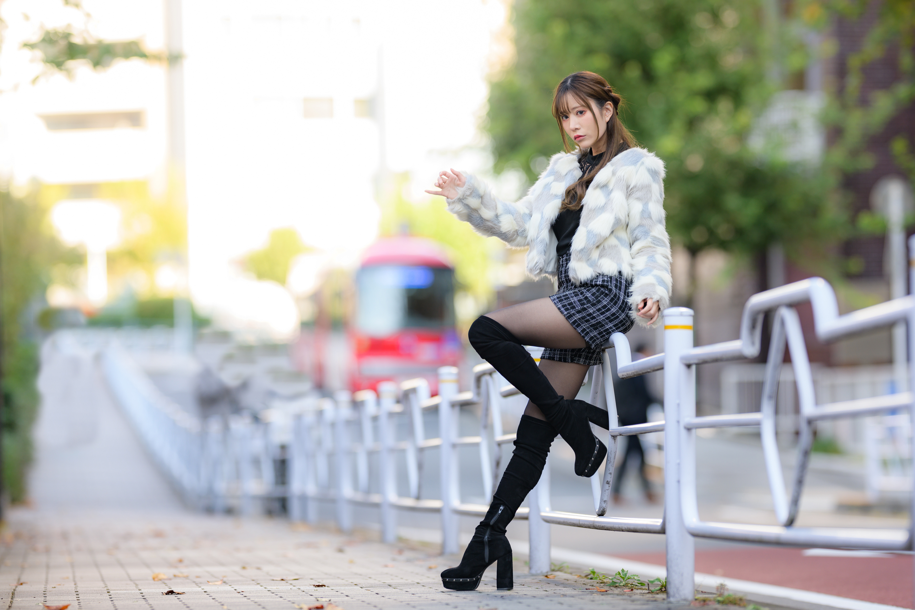 Asian Model Women Long Hair Dark Hair Knee High Boots Leaning 3840x2560
