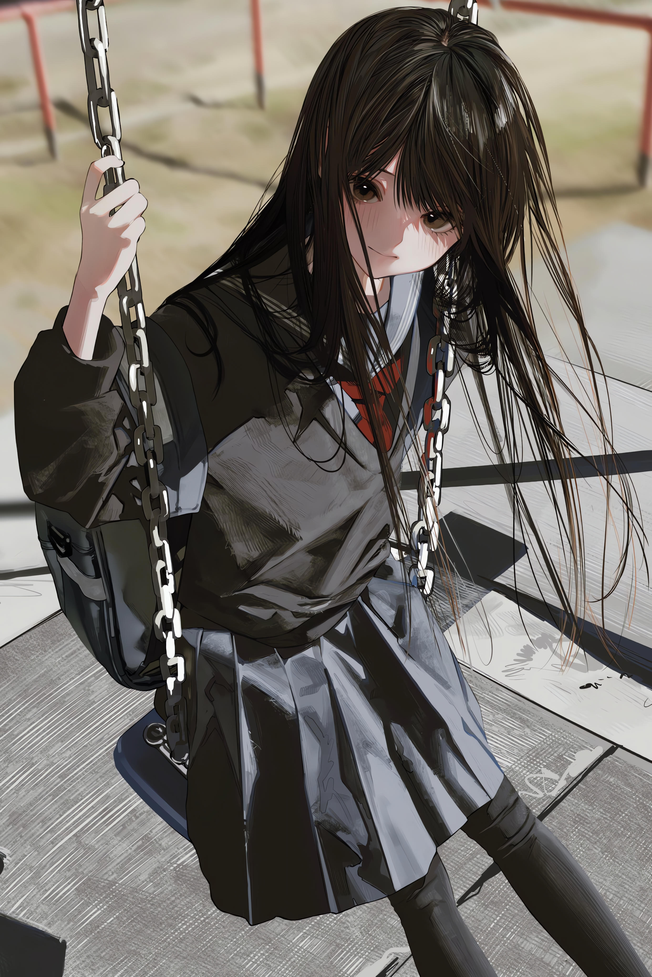 Anime Girls School Uniform Schoolgirl Long Hair Chain Swing Skirt Winter Clothing Sailor Uniform 2734x4096