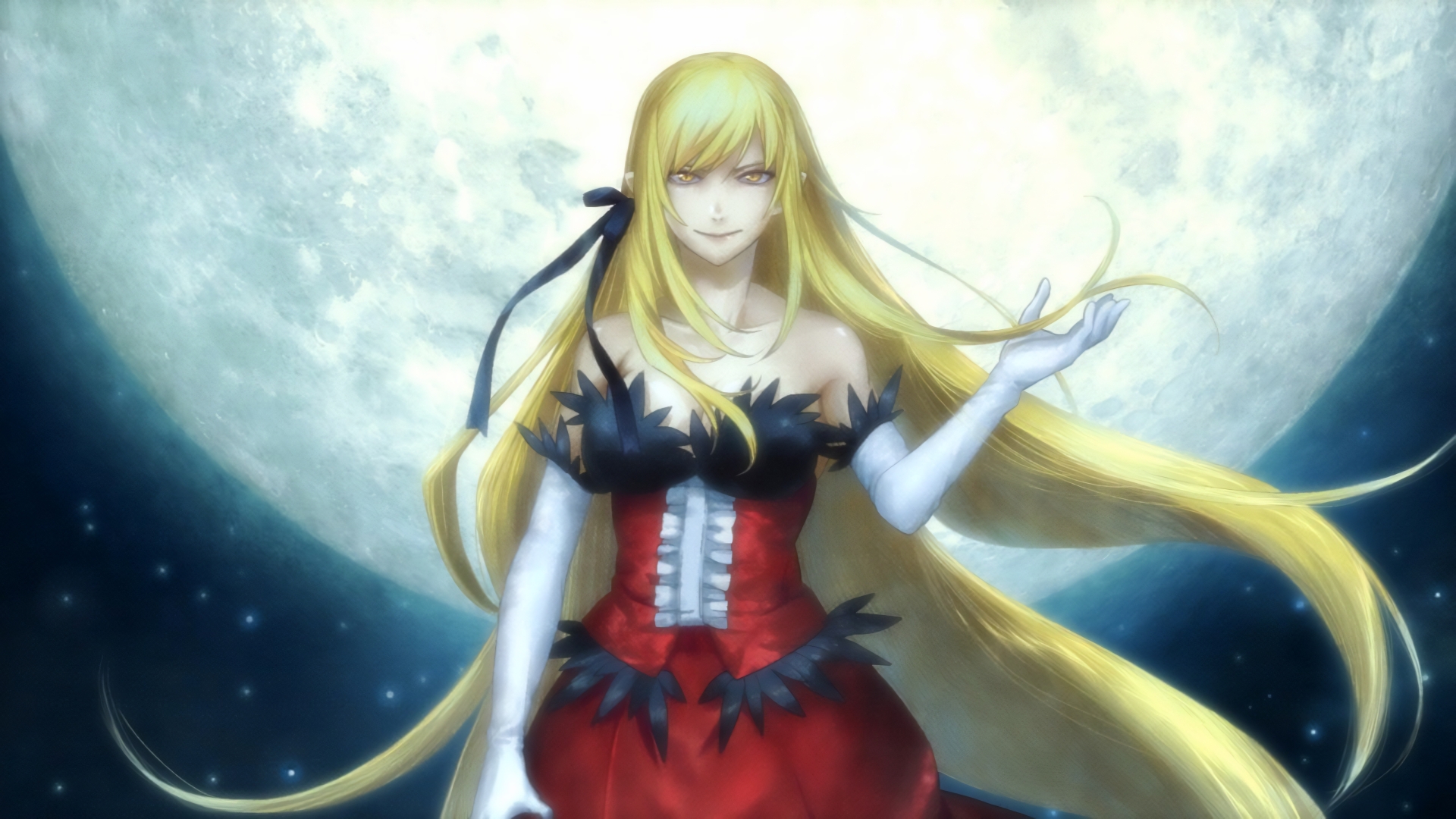 Monogatari Series Oshino Shinobu Long Hair Dress Moon Full Moon 1920x1080